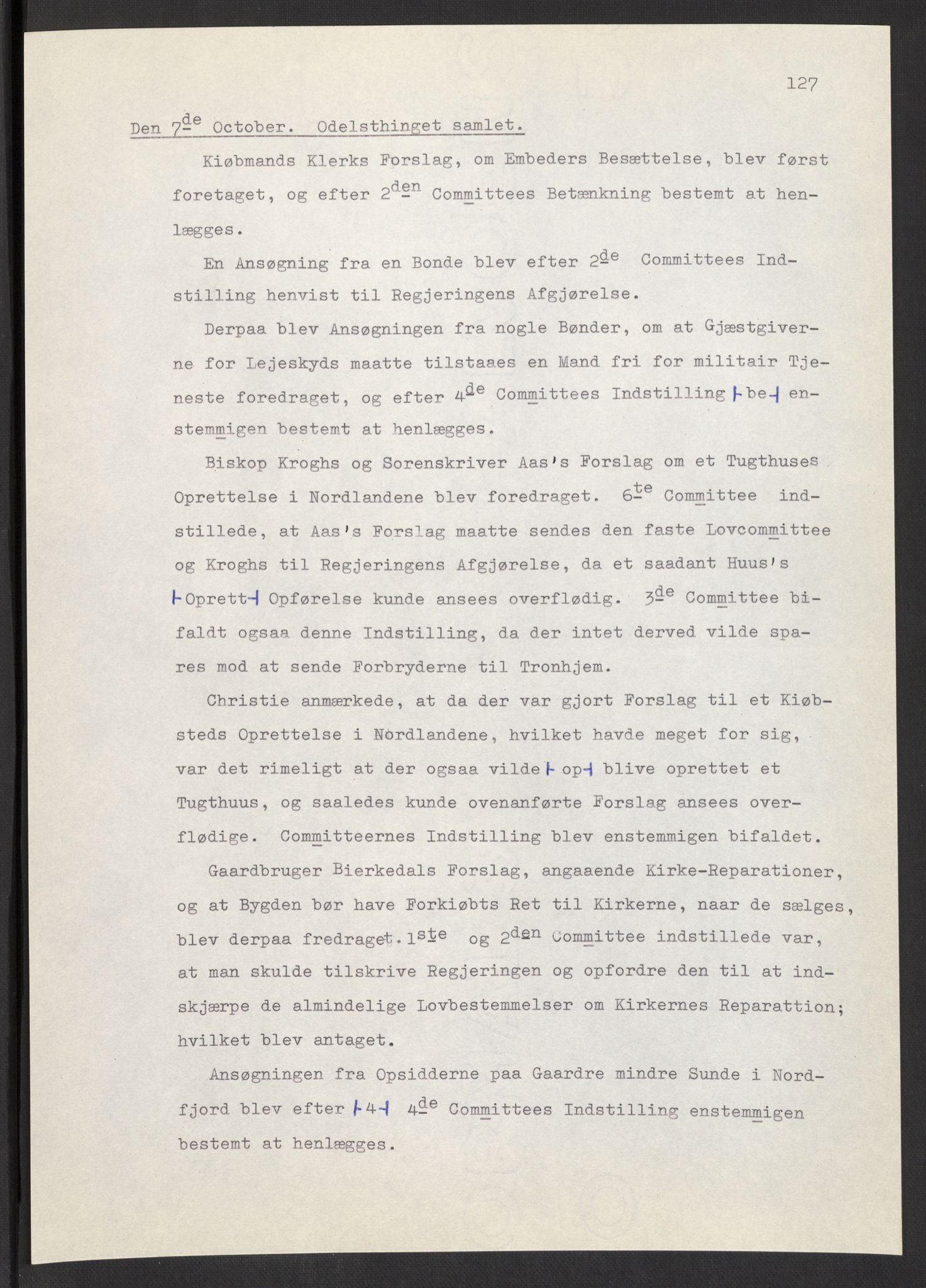 Manuskriptsamlingen, AV/RA-EA-3667/F/L0197: Wetlesen, Hans Jørgen (stortingsmann, ingeniørkaptein); Referat fra Stortinget 1815-1816, 1815-1816, p. 127