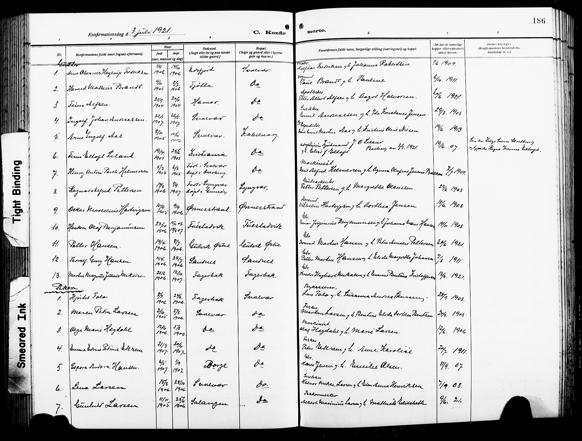 Ministerialprotokoller, klokkerbøker og fødselsregistre - Nordland, AV/SAT-A-1459/874/L1080: Parish register (copy) no. 874C09, 1915-1925, p. 186