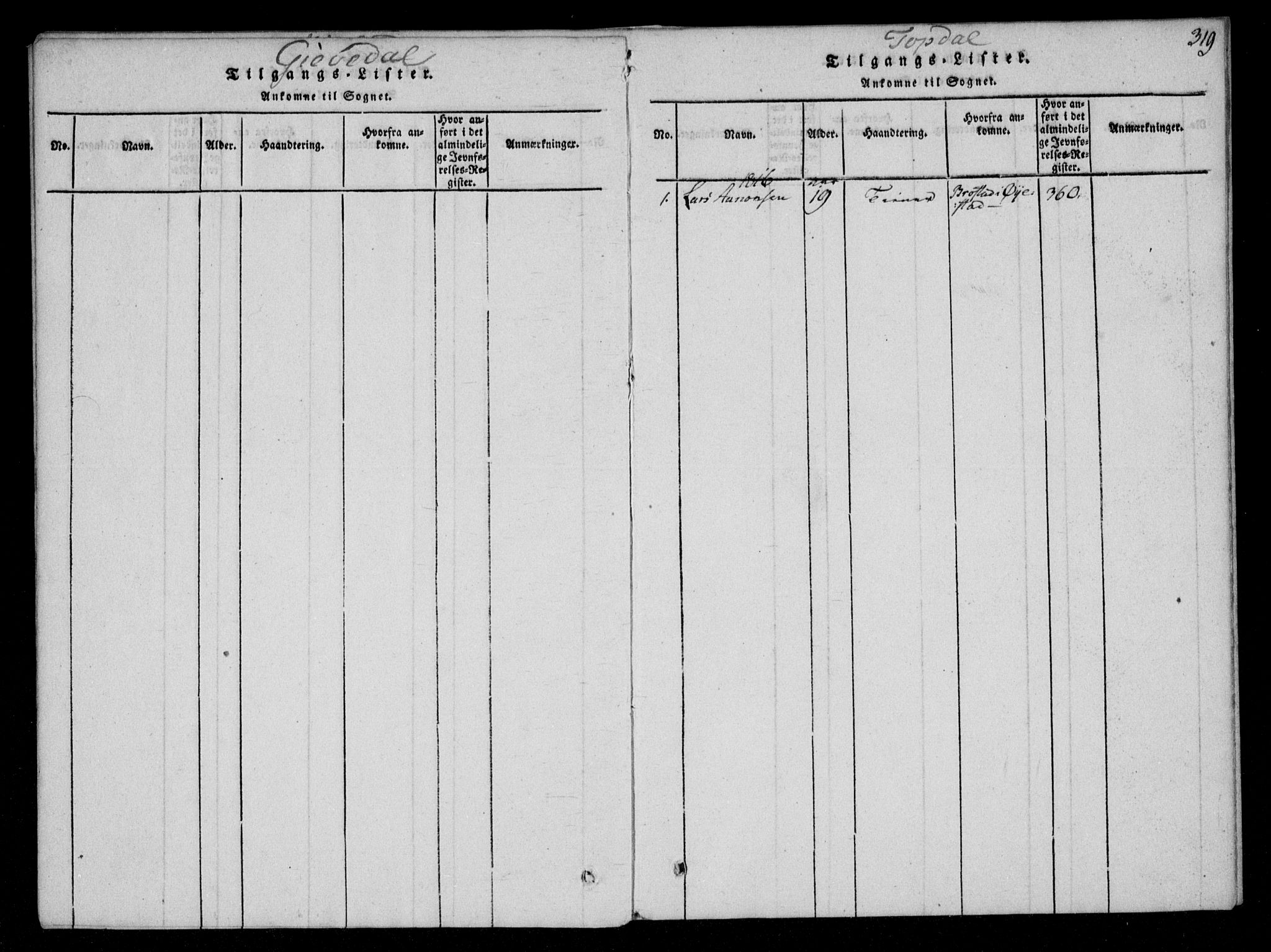 Åmli sokneprestkontor, AV/SAK-1111-0050/F/Fa/Fac/L0006: Parish register (official) no. A 6, 1816-1829, p. 319