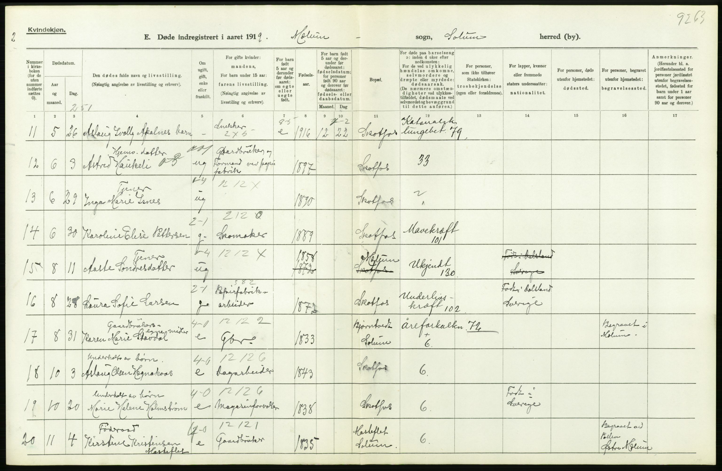 Statistisk sentralbyrå, Sosiodemografiske emner, Befolkning, AV/RA-S-2228/D/Df/Dfb/Dfbi/L0023: Telemark fylke: Døde. Bygder og byer., 1919, p. 234