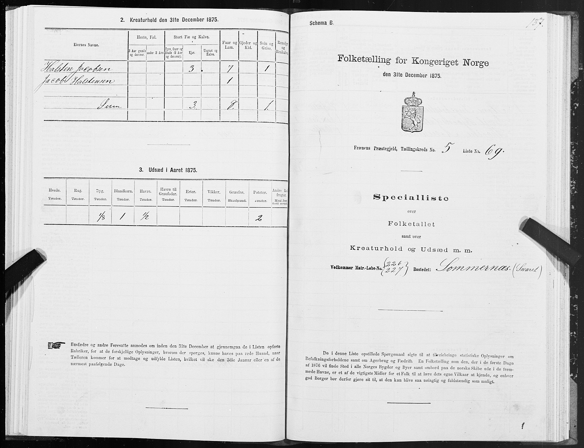 SAT, 1875 census for 1548P Fræna, 1875, p. 3137