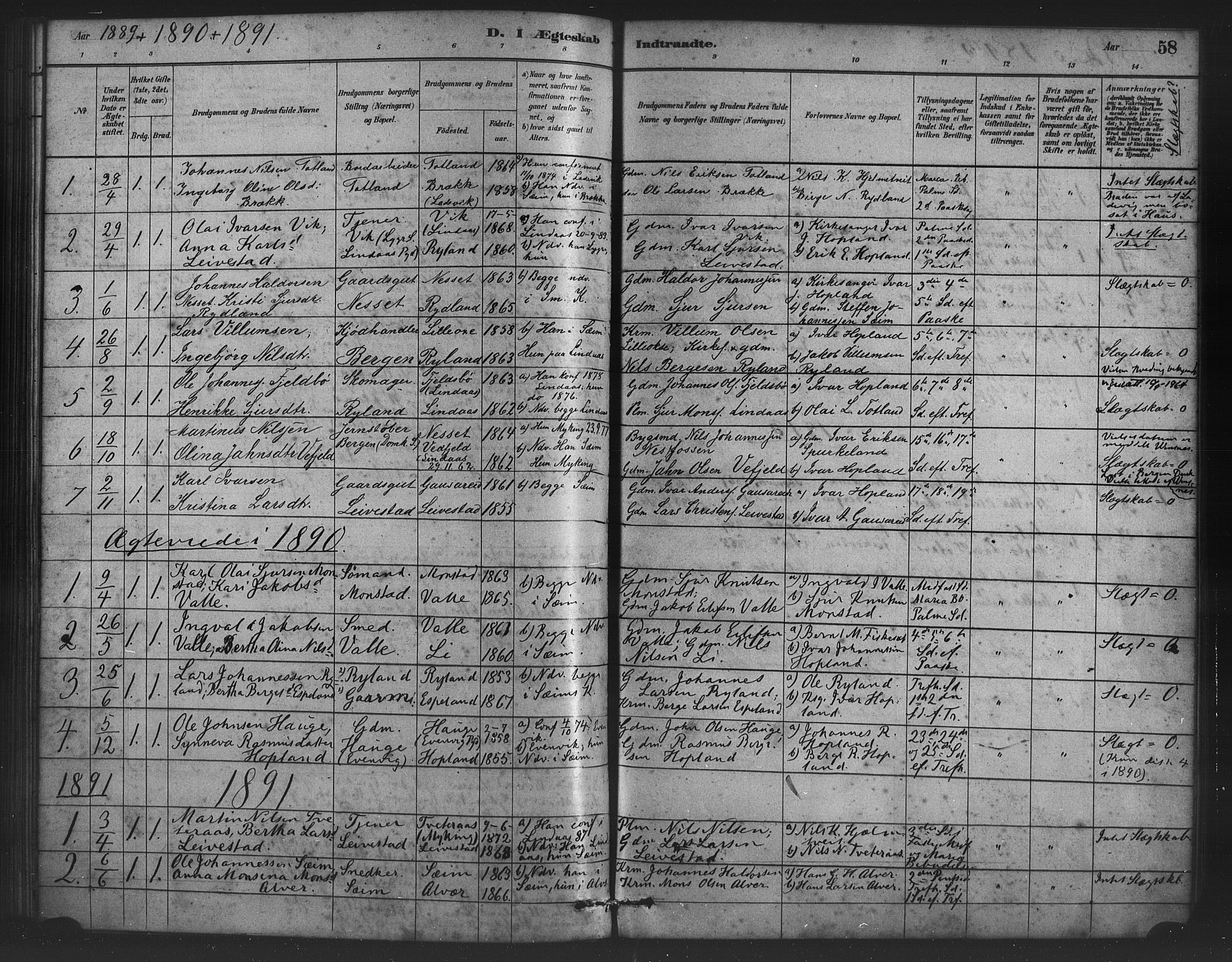 Alversund Sokneprestembete, SAB/A-73901/H/Ha/Haa/Haad/L0001: Parish register (official) no. D 1, 1880-1898, p. 58
