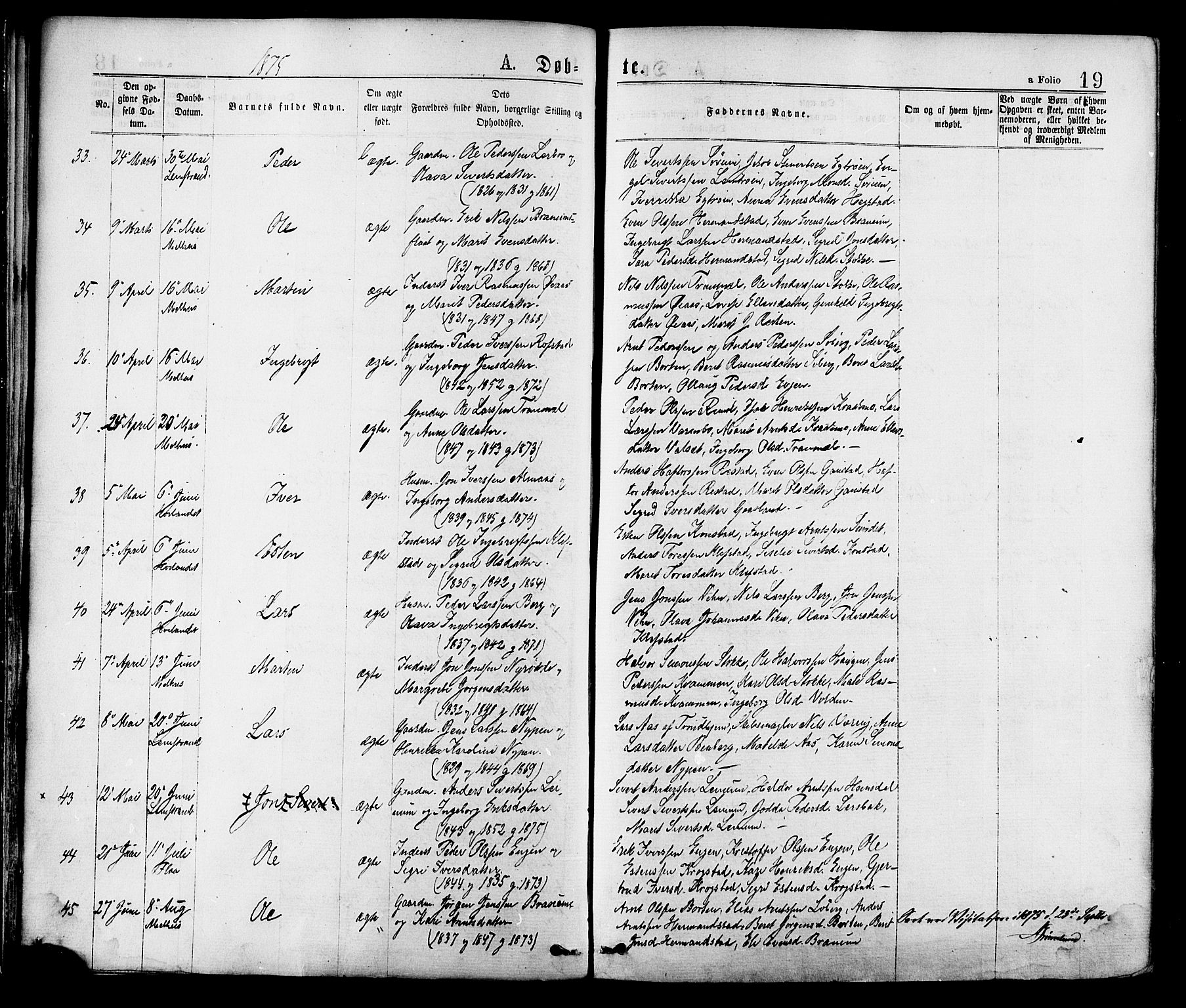 Ministerialprotokoller, klokkerbøker og fødselsregistre - Sør-Trøndelag, SAT/A-1456/691/L1079: Parish register (official) no. 691A11, 1873-1886, p. 19