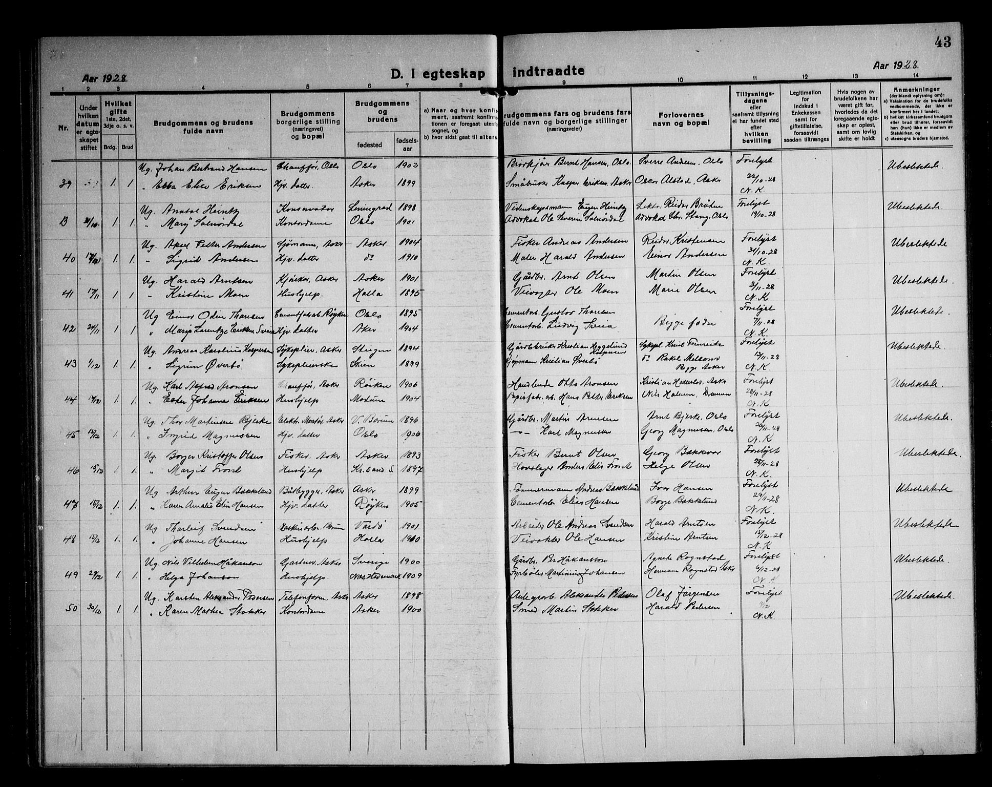 Asker prestekontor Kirkebøker, SAO/A-10256a/F/Fa/L0020: Parish register (official) no. I 20, 1918-1948, p. 43