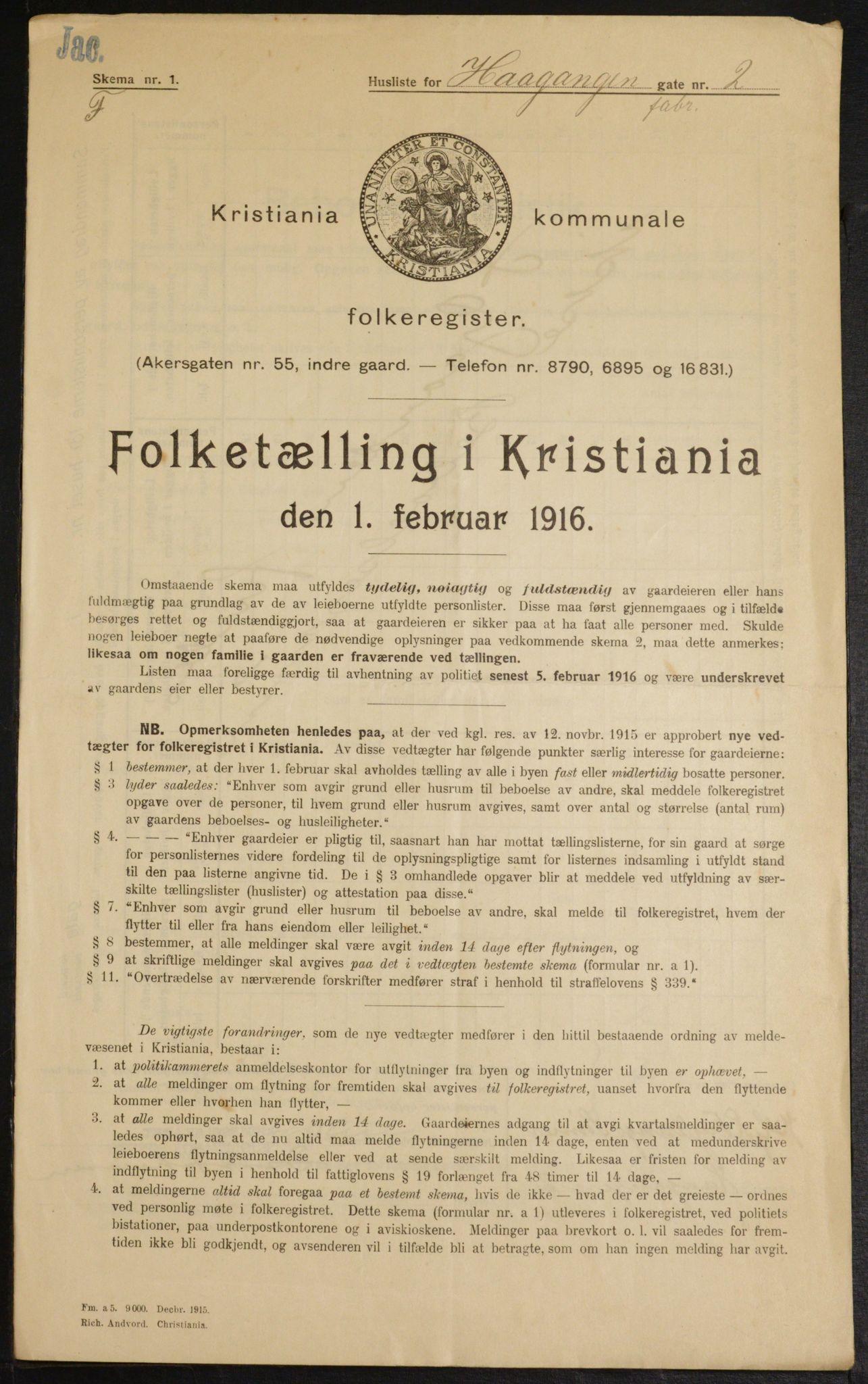 OBA, Municipal Census 1916 for Kristiania, 1916, p. 43376