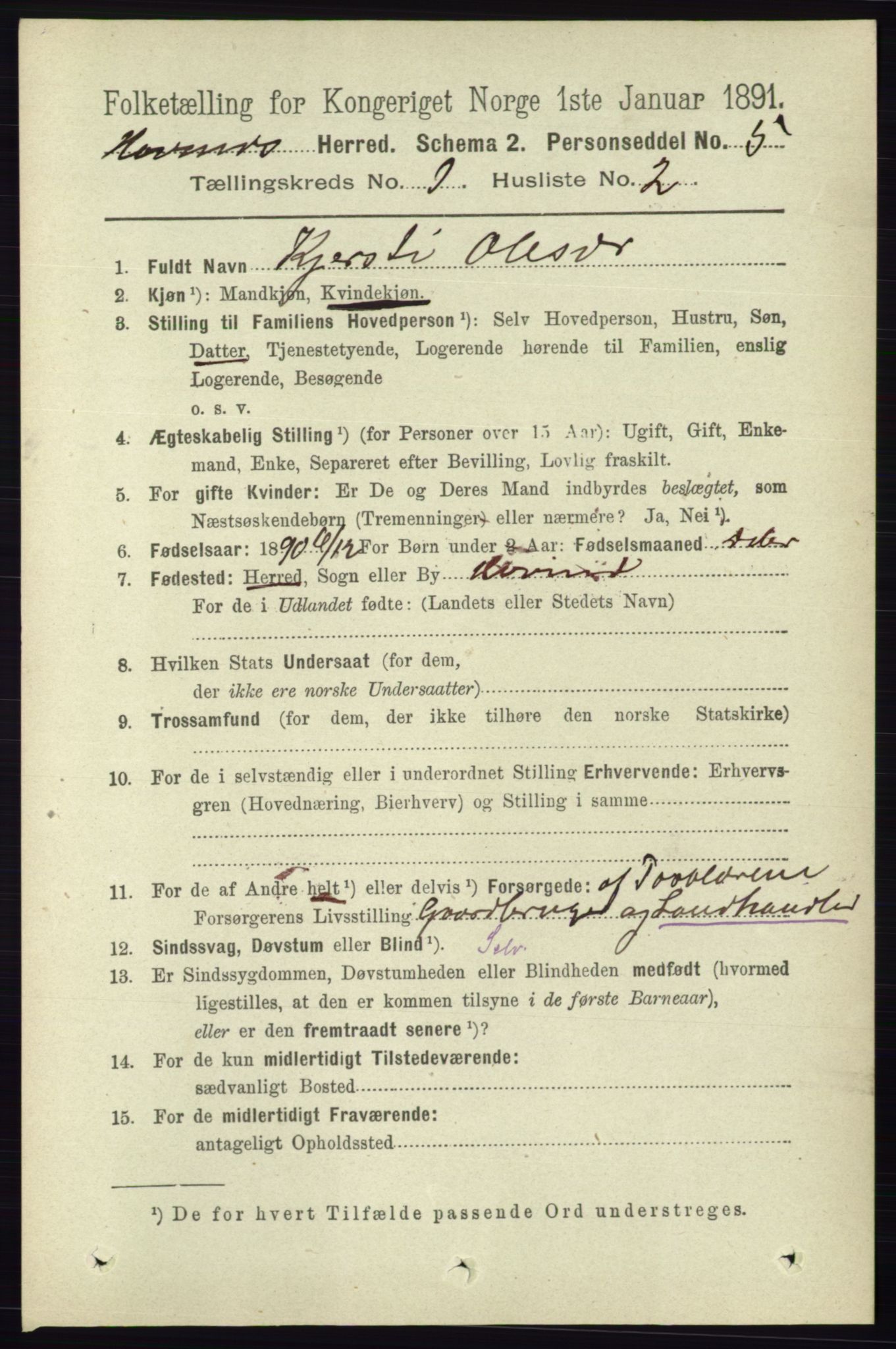 RA, 1891 census for 0825 Hovin, 1891, p. 95