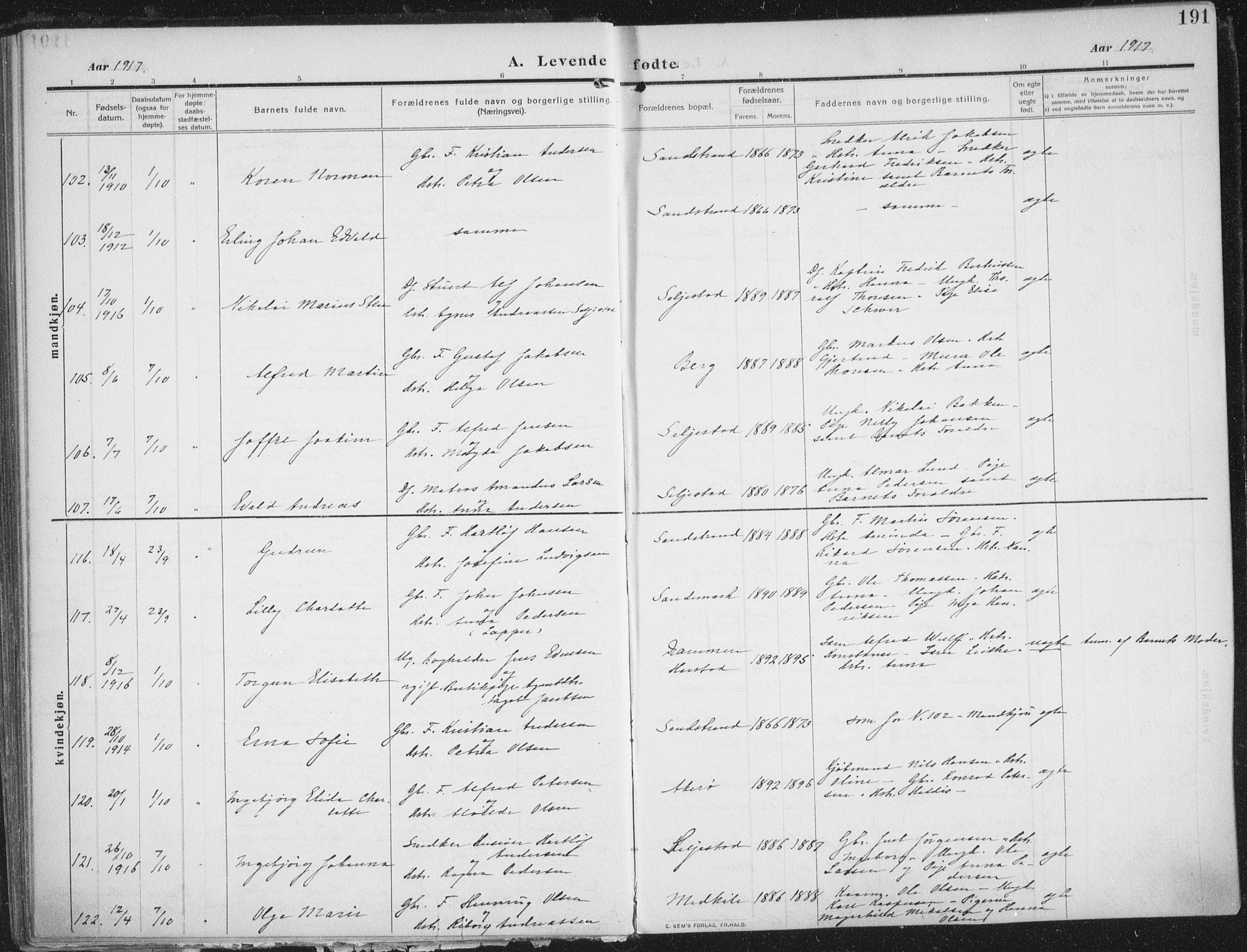 Trondenes sokneprestkontor, SATØ/S-1319/H/Ha/L0018kirke: Parish register (official) no. 18, 1909-1918, p. 191