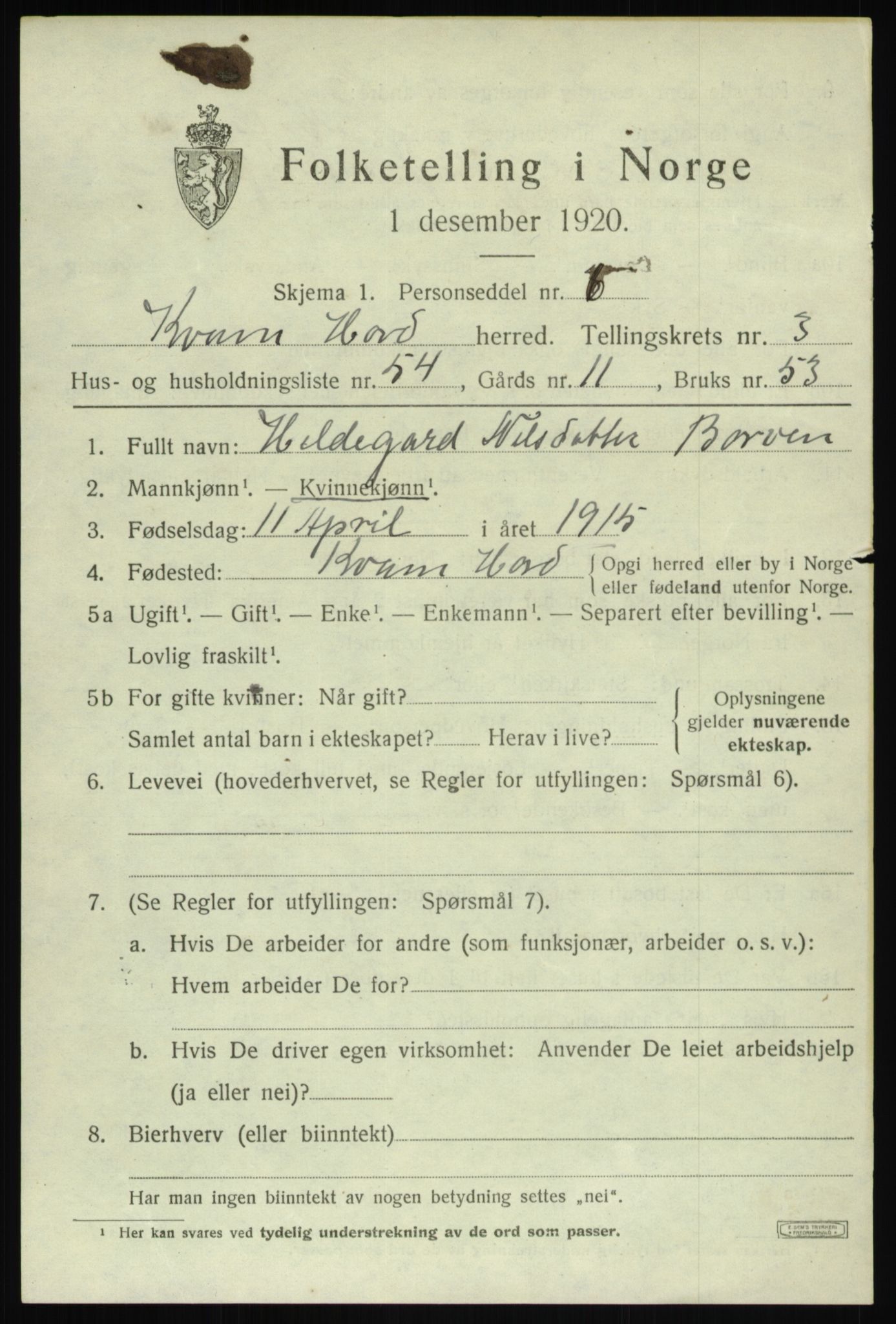 SAB, 1920 census for Kvam, 1920, p. 3229