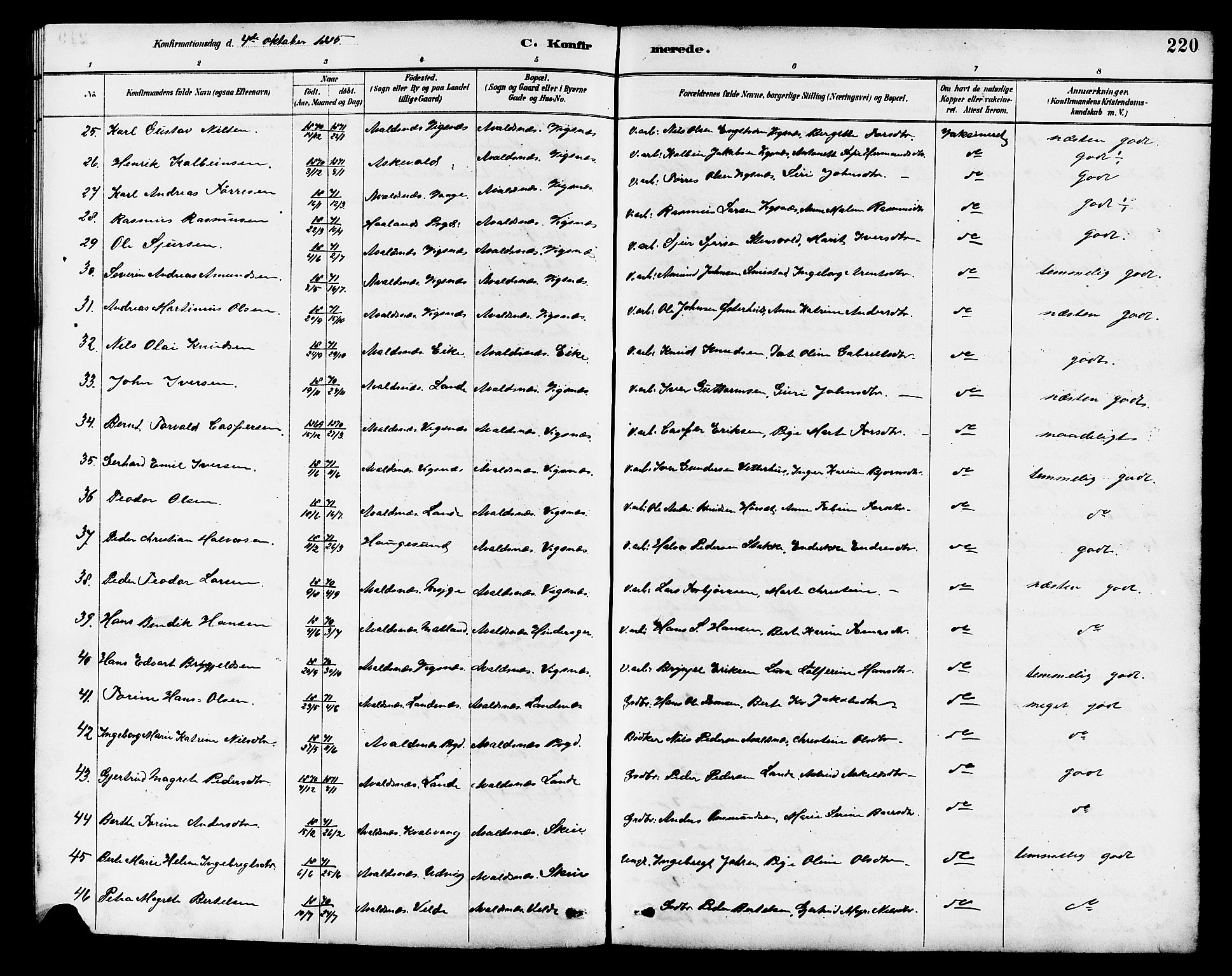 Avaldsnes sokneprestkontor, AV/SAST-A -101851/H/Ha/Hab/L0007: Parish register (copy) no. B 7, 1885-1909, p. 220