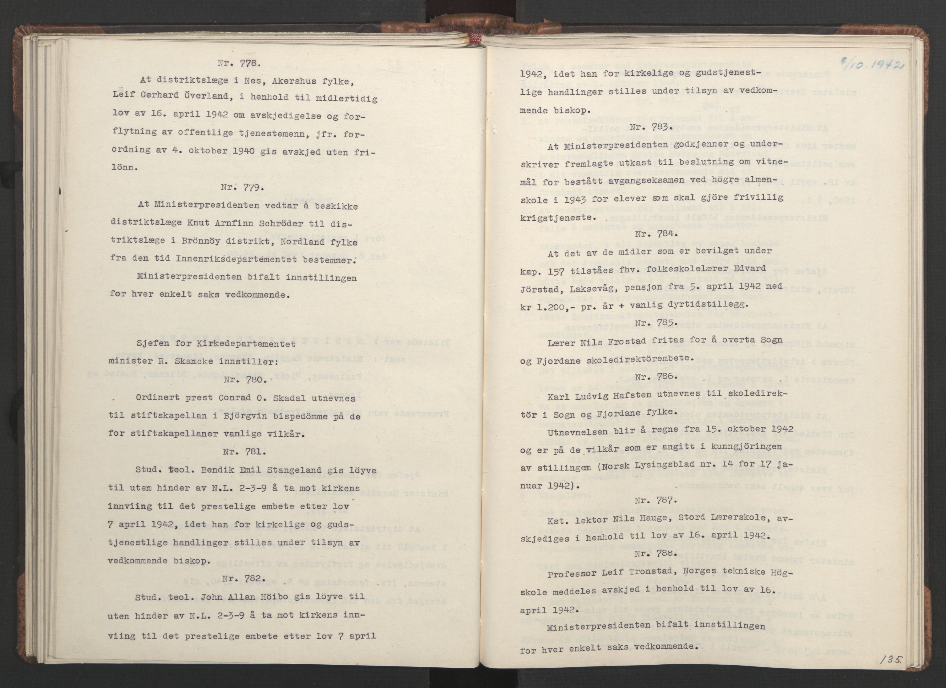 NS-administrasjonen 1940-1945 (Statsrådsekretariatet, de kommisariske statsråder mm), RA/S-4279/D/Da/L0001: Beslutninger og tillegg (1-952 og 1-32), 1942, p. 138