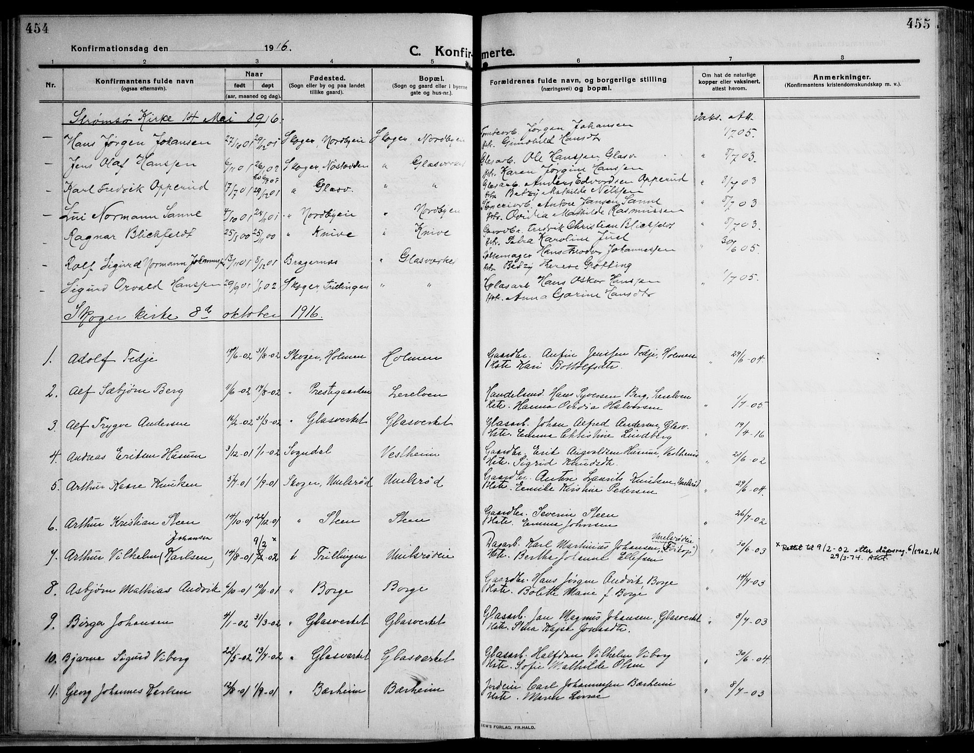 Skoger kirkebøker, AV/SAKO-A-59/F/Fa/L0007: Parish register (official) no. I 7, 1911-1936, p. 454-455