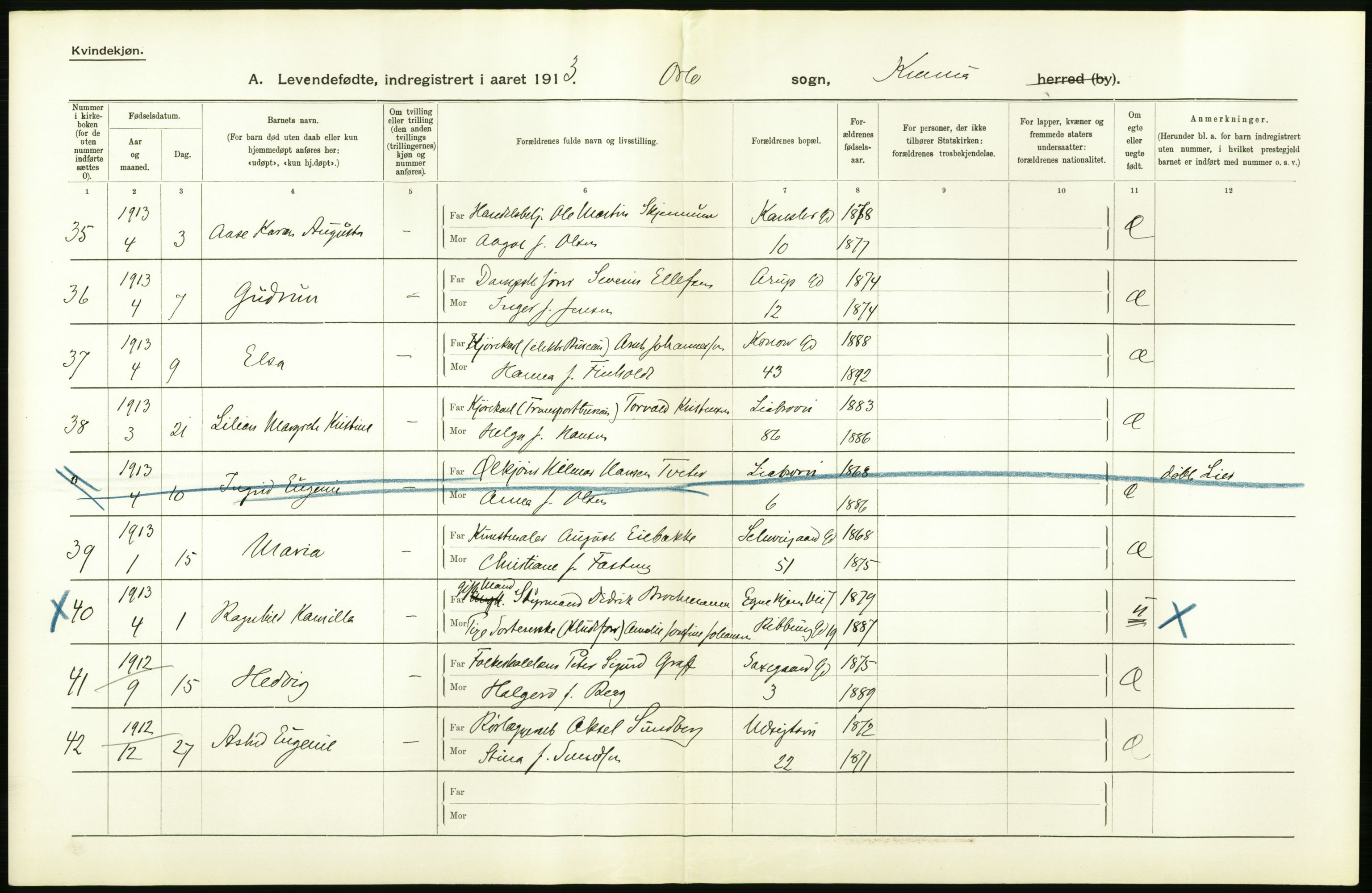 Statistisk sentralbyrå, Sosiodemografiske emner, Befolkning, AV/RA-S-2228/D/Df/Dfb/Dfbc/L0007: Kristiania: Levendefødte menn og kvinner., 1913, p. 832