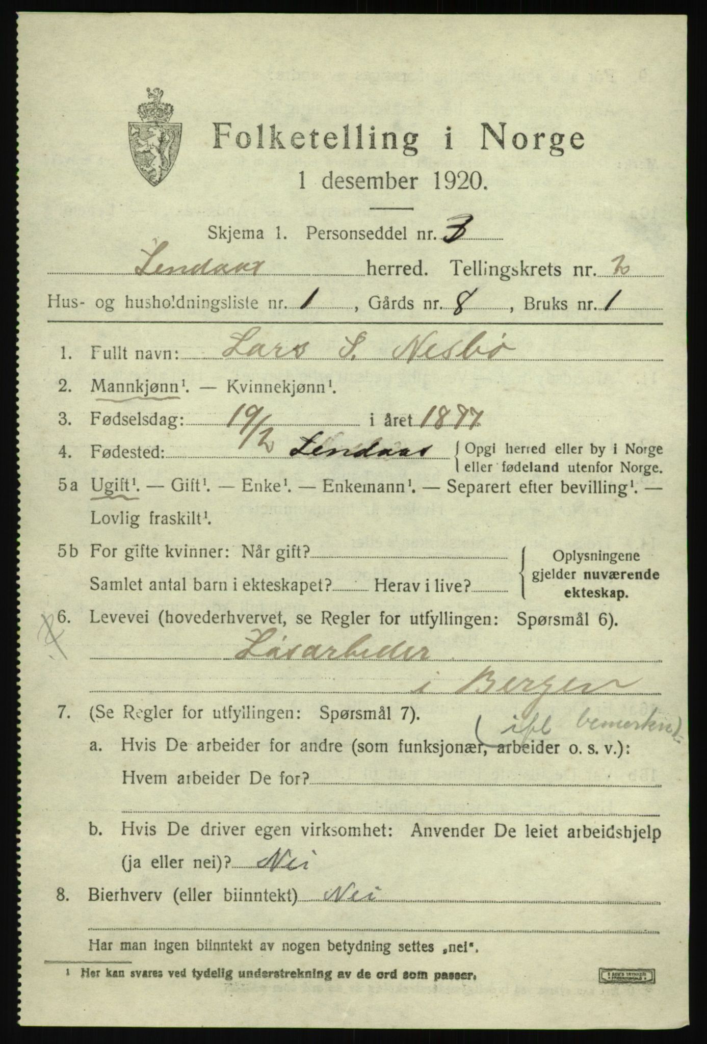 SAB, 1920 census for Lindås, 1920, p. 1591