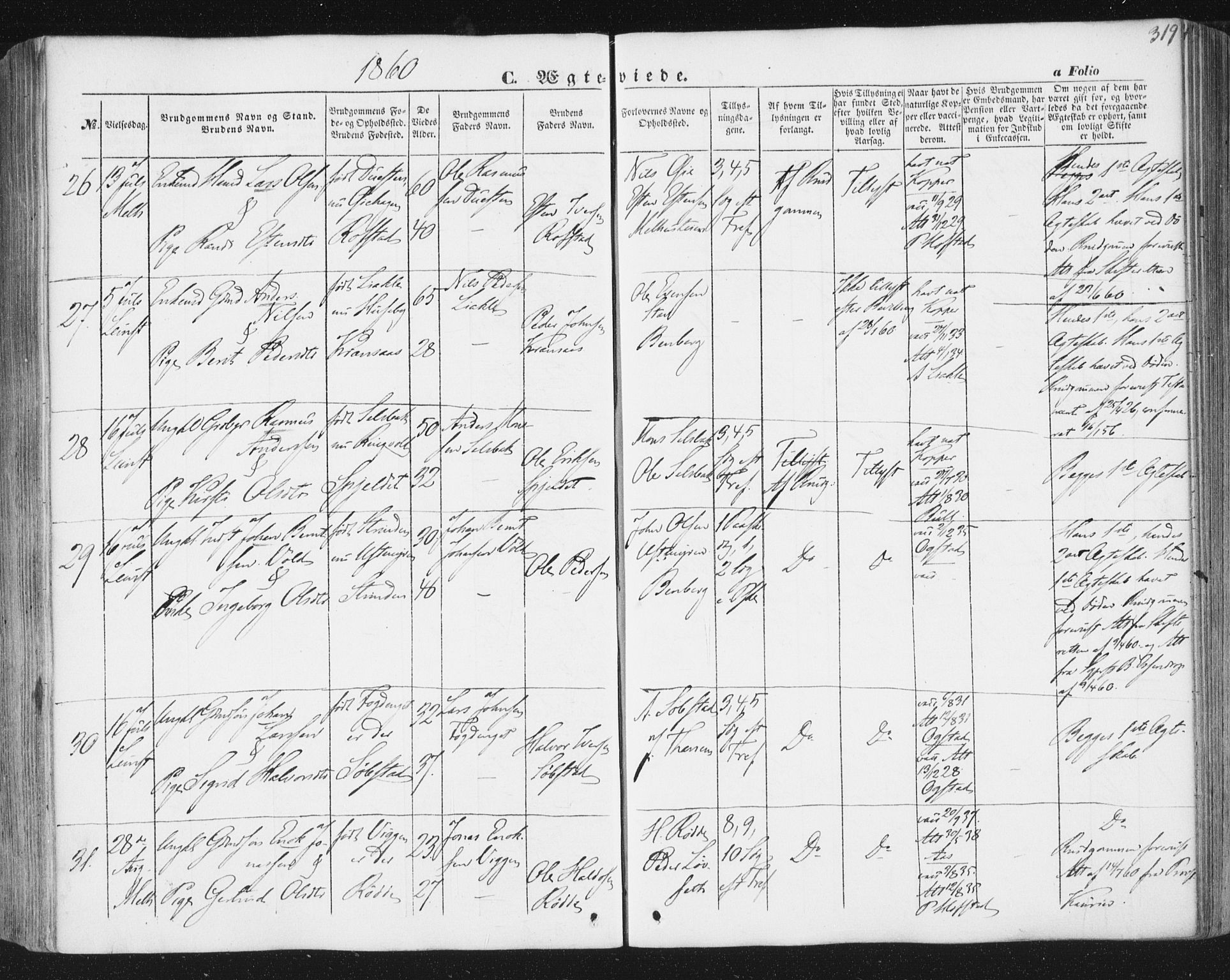 Ministerialprotokoller, klokkerbøker og fødselsregistre - Sør-Trøndelag, SAT/A-1456/691/L1076: Parish register (official) no. 691A08, 1852-1861, p. 319