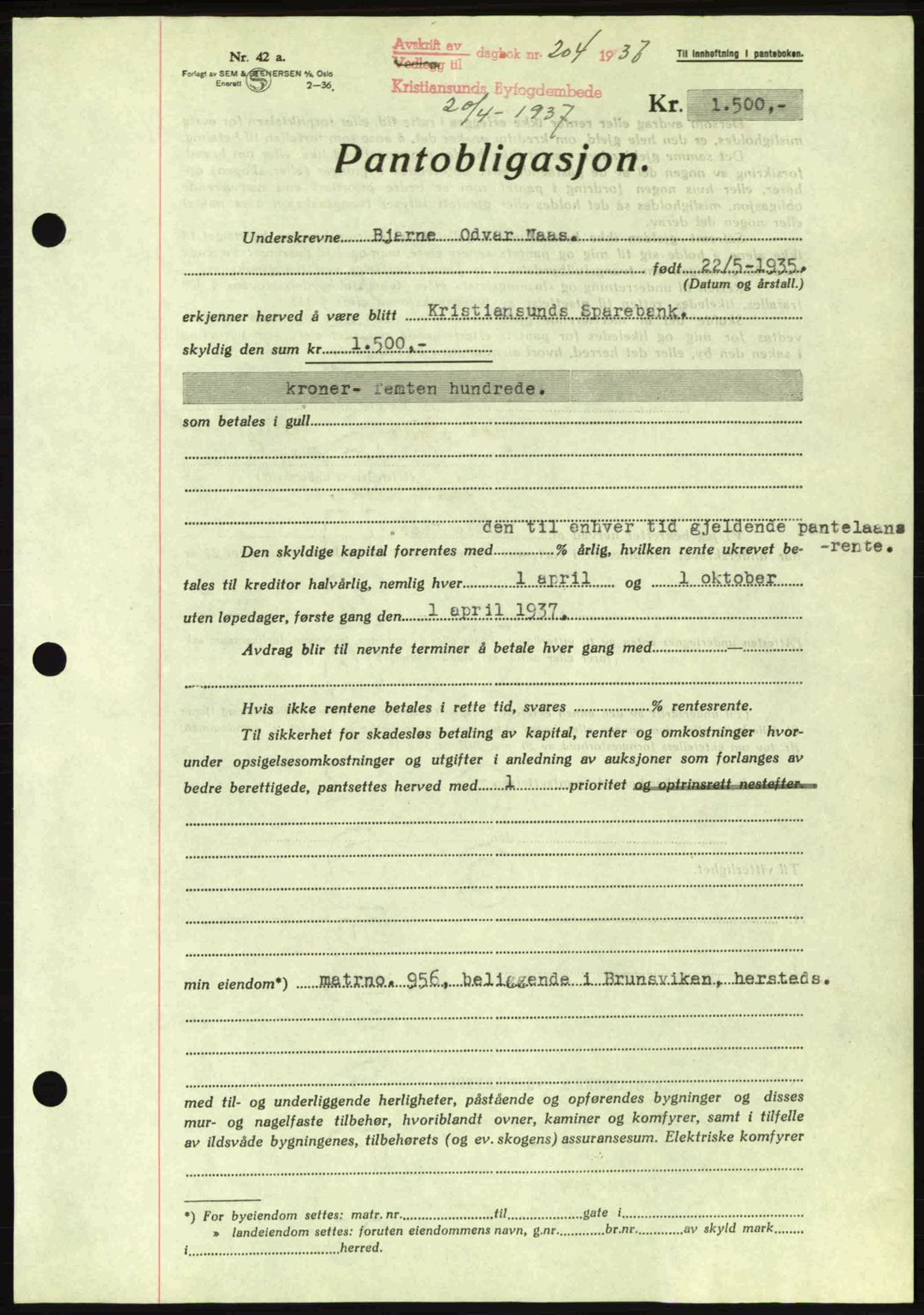 Kristiansund byfogd, AV/SAT-A-4587/A/27: Mortgage book no. 29, 1936-1937, Diary no: : 204/1937