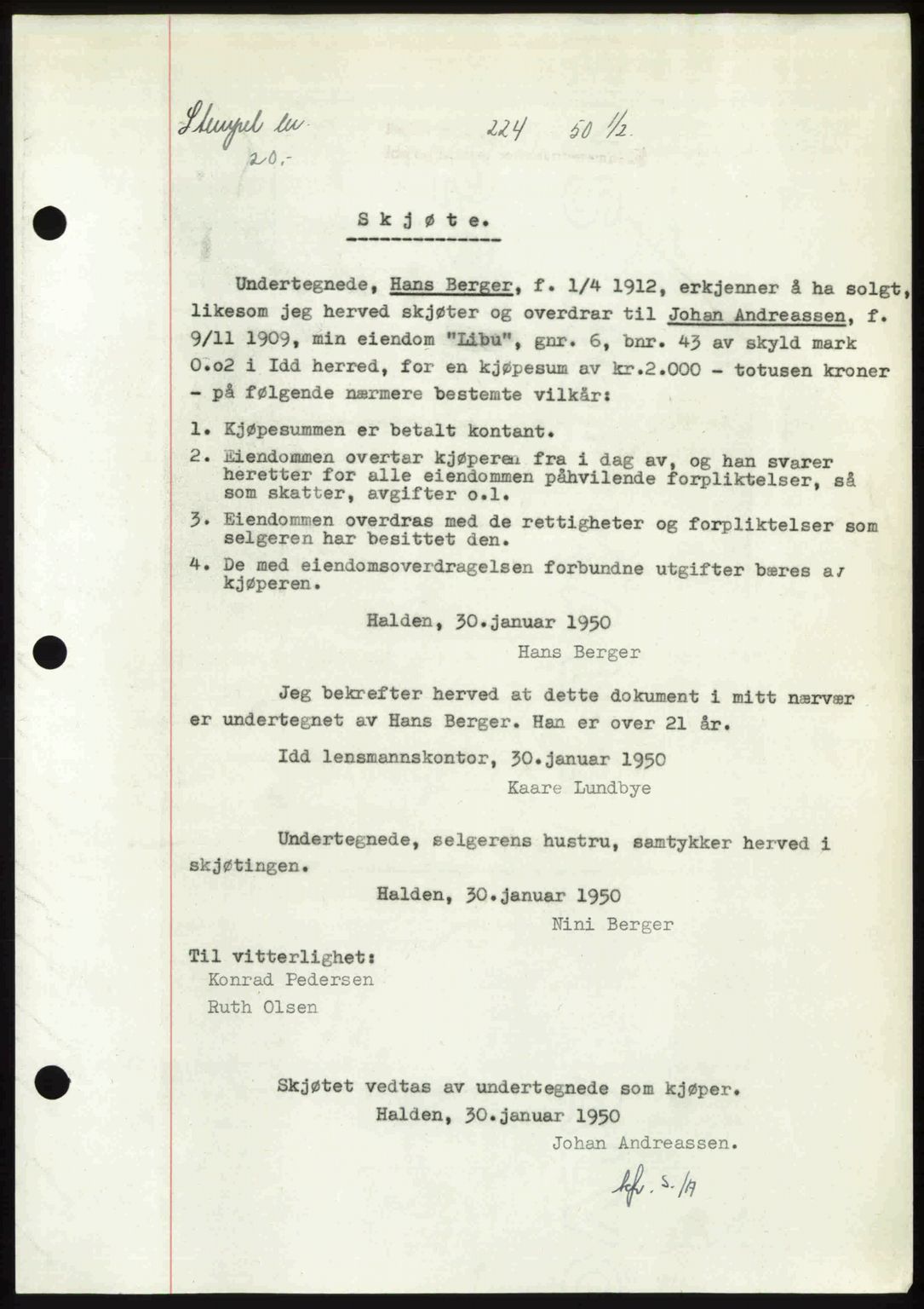 Idd og Marker sorenskriveri, AV/SAO-A-10283/G/Gb/Gbb/L0013: Mortgage book no. A13, 1949-1950, Diary no: : 224/1950