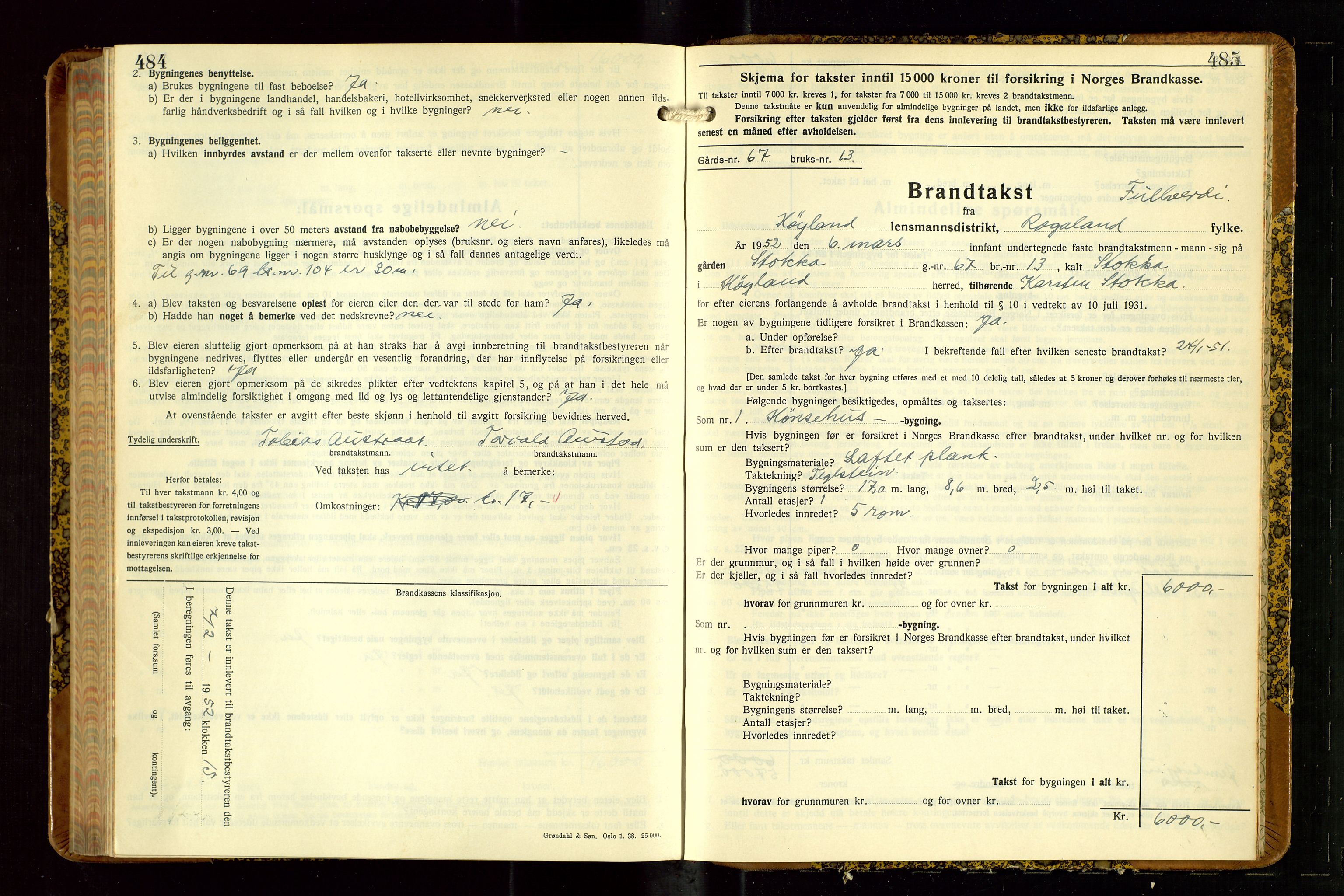 Høyland/Sandnes lensmannskontor, AV/SAST-A-100166/Gob/L0008: "Branntakstprotokoll", 1940-1952, p. 484-485