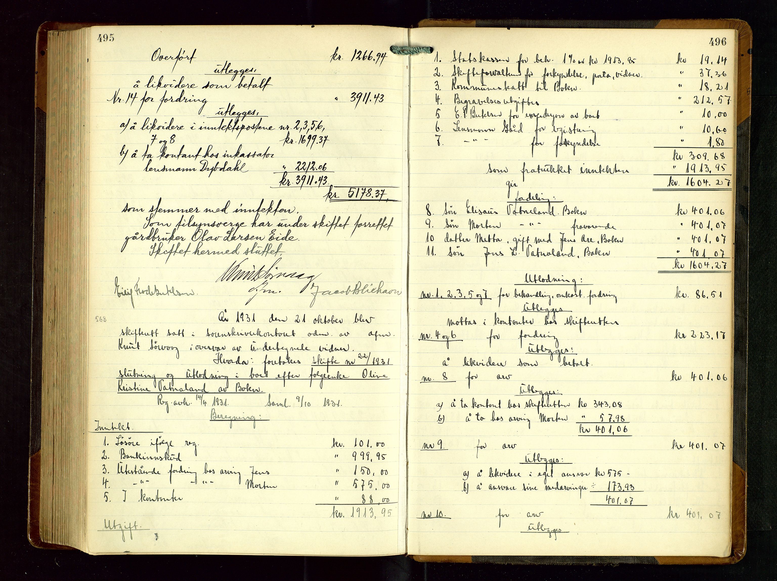 Karmsund sorenskriveri, AV/SAST-A-100311/01/IV/IVGB/L0004: SKIFTEUTLODNINGSPROTOKOLL, 1925-1931, p. 495-496