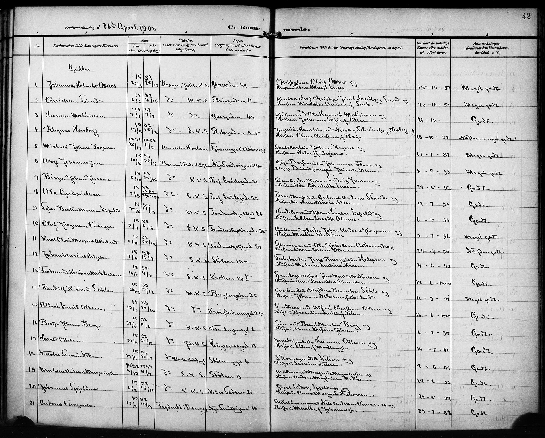 Mariakirken Sokneprestembete, SAB/A-76901/H/Hab/L0009: Parish register (copy) no. A 9, 1901-1919, p. 42