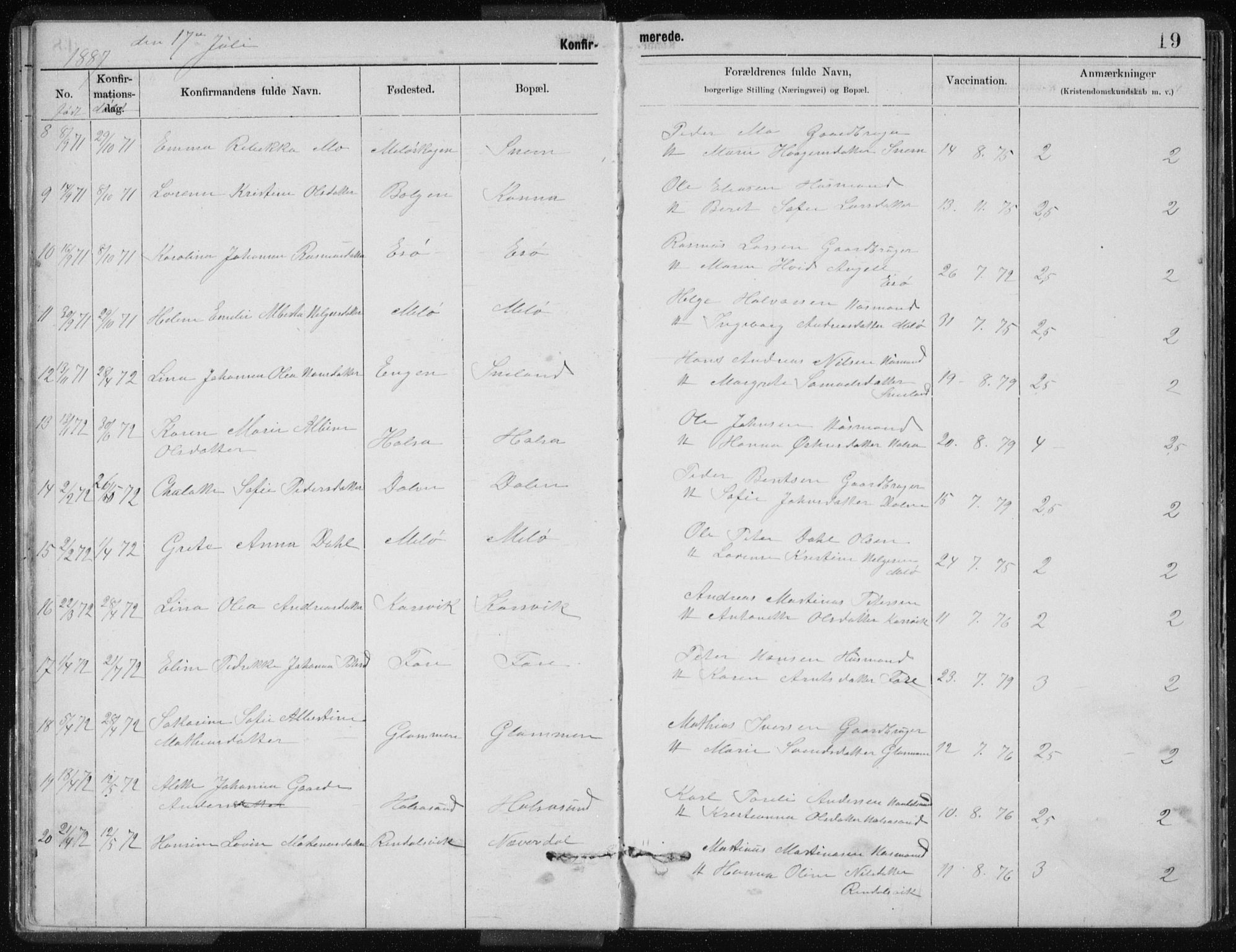 Ministerialprotokoller, klokkerbøker og fødselsregistre - Nordland, AV/SAT-A-1459/843/L0637: Parish register (copy) no. 843C06, 1884-1908, p. 19