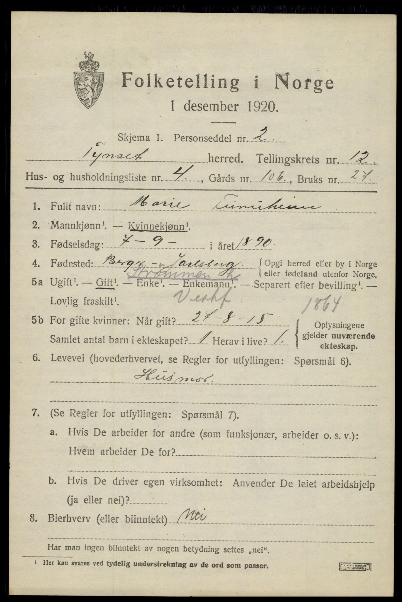 SAH, 1920 census for Tynset, 1920, p. 8360