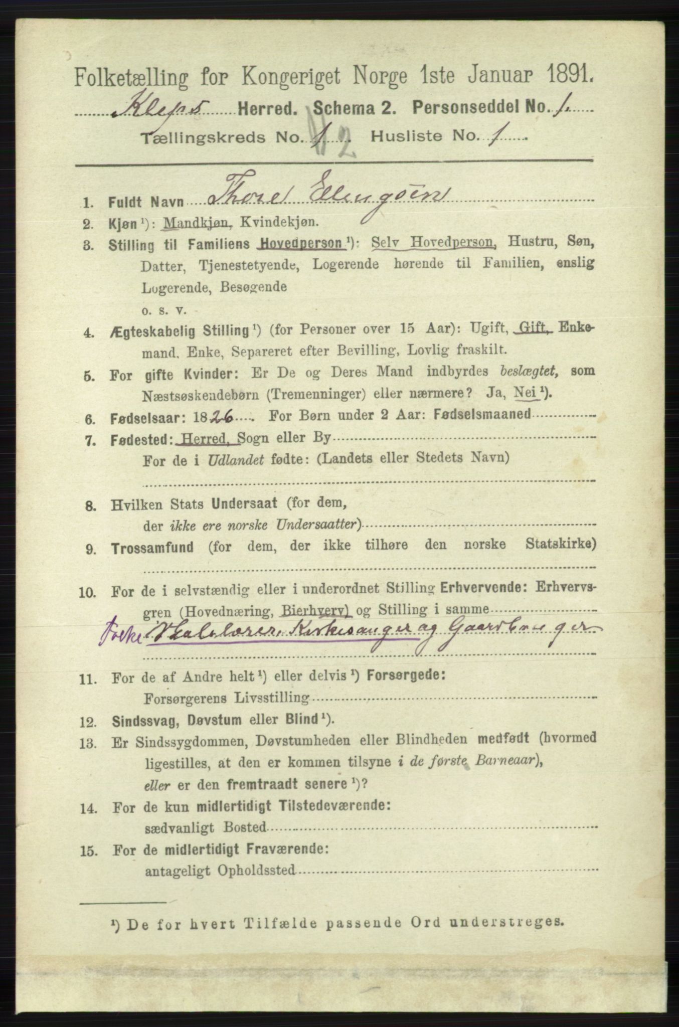 RA, 1891 census for 1120 Klepp, 1891, p. 359