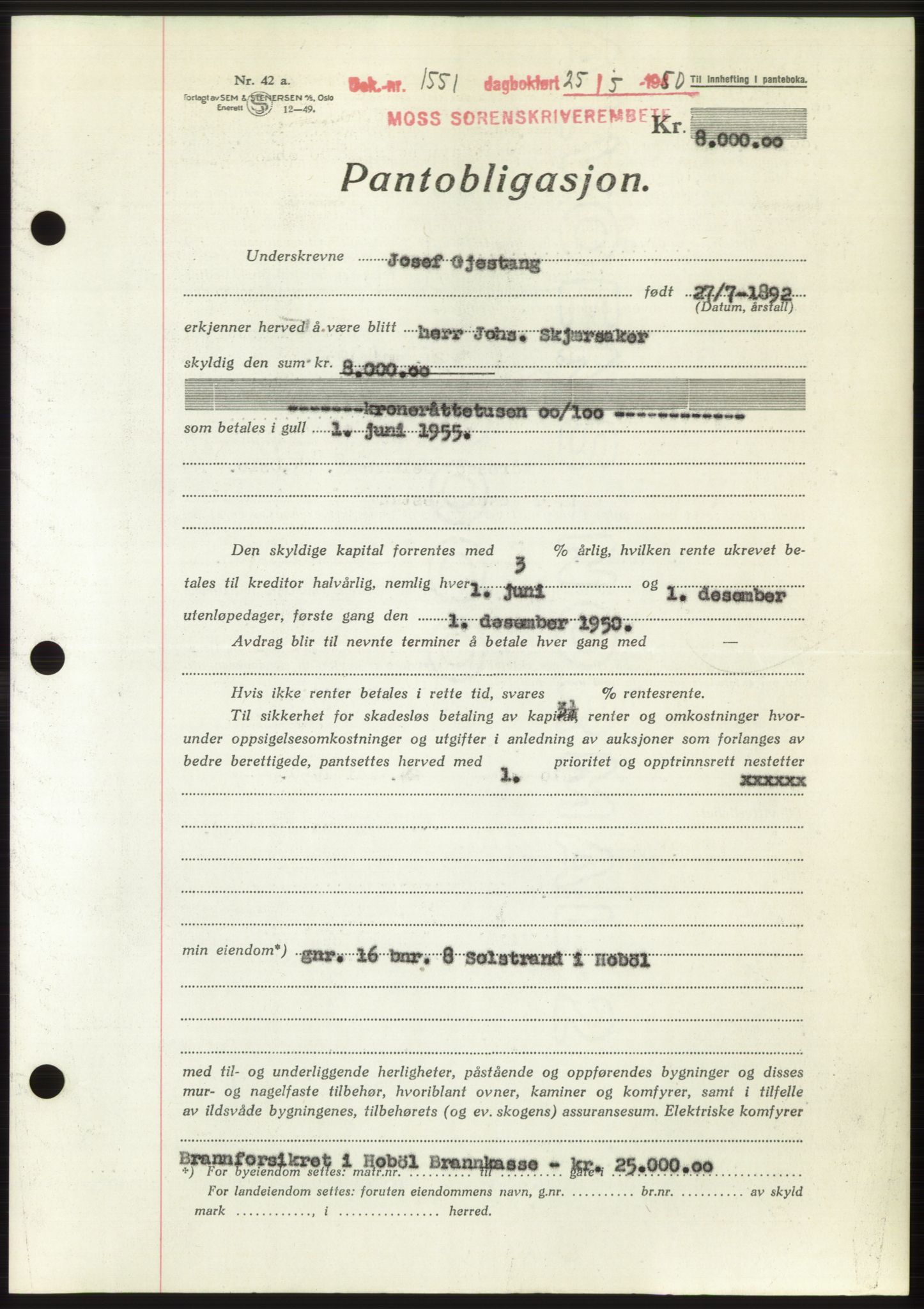 Moss sorenskriveri, AV/SAO-A-10168: Mortgage book no. B24, 1950-1950, Diary no: : 1551/1950