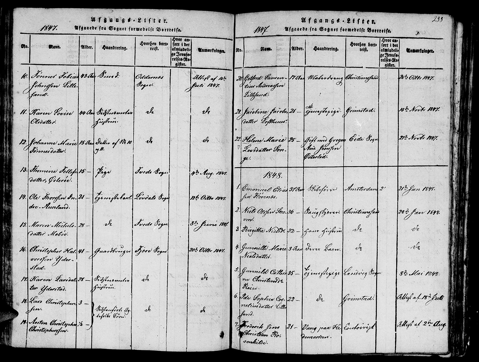 Vestre Moland sokneprestkontor, SAK/1111-0046/F/Fb/Fbb/L0001: Parish register (copy) no. B 1, 1816-1851, p. 288