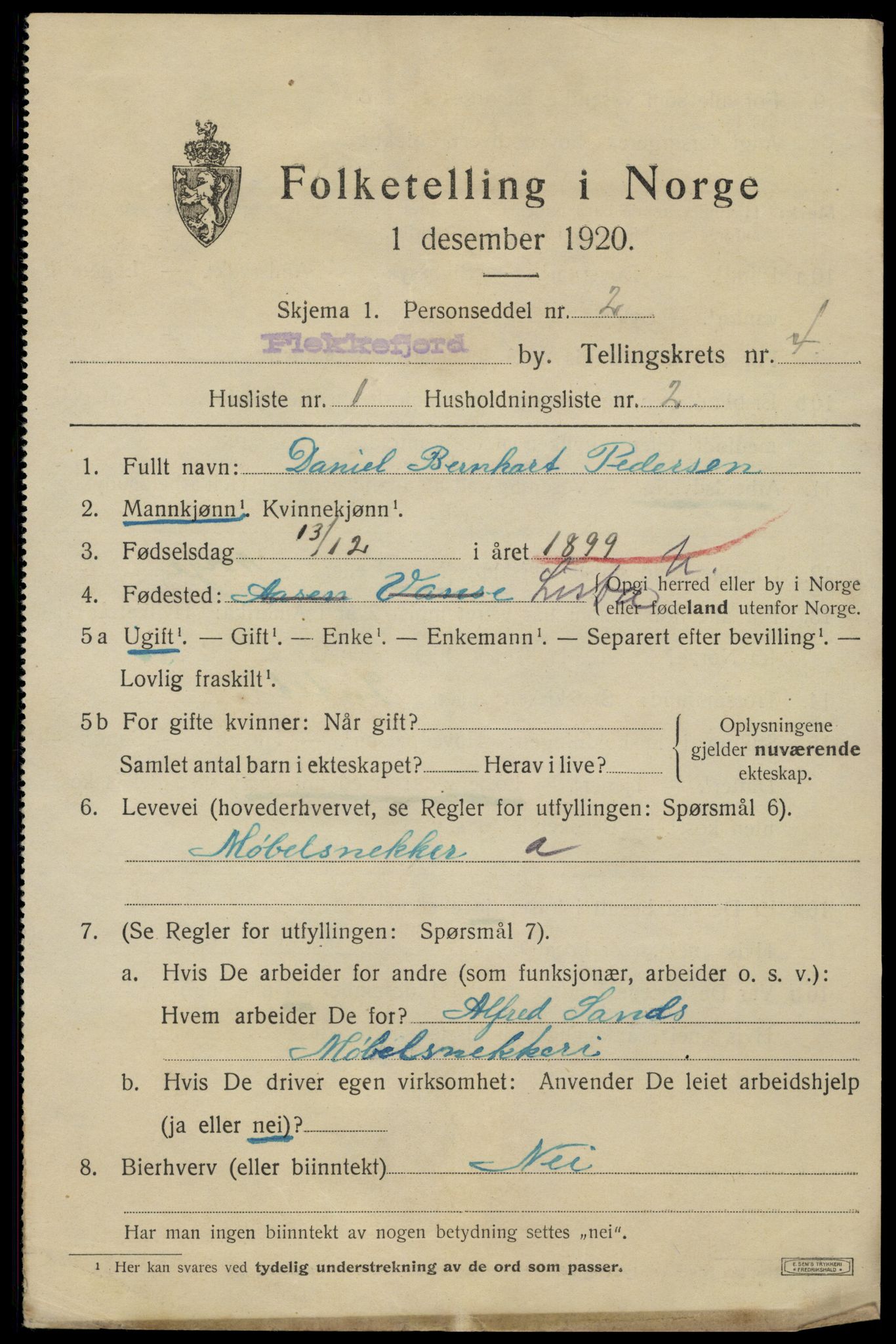 SAK, 1920 census for Flekkefjord, 1920, p. 4448