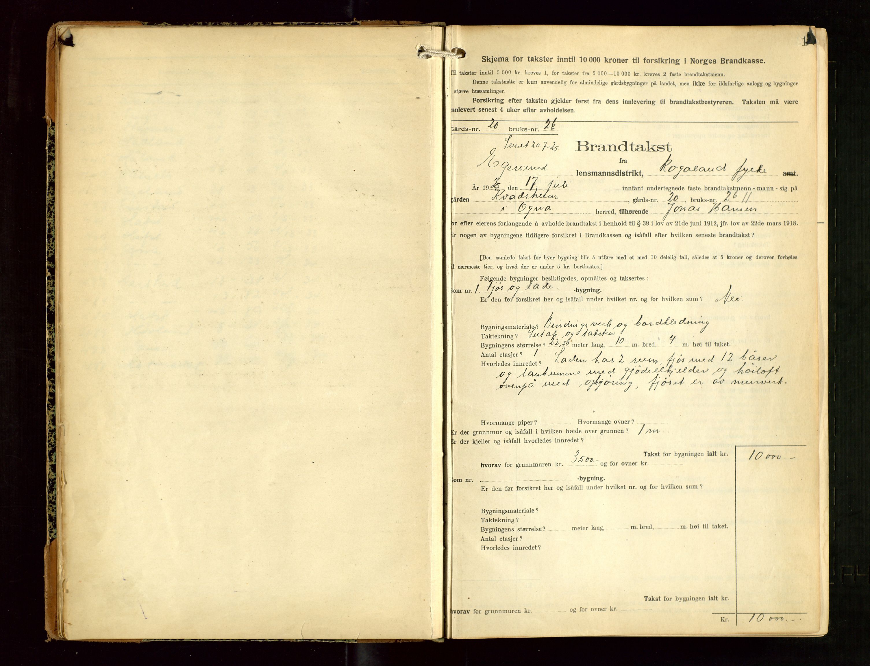 Eigersund lensmannskontor, SAST/A-100171/Gob/L0005: "Brandtakstprotokoll", 1925-1934, p. 1