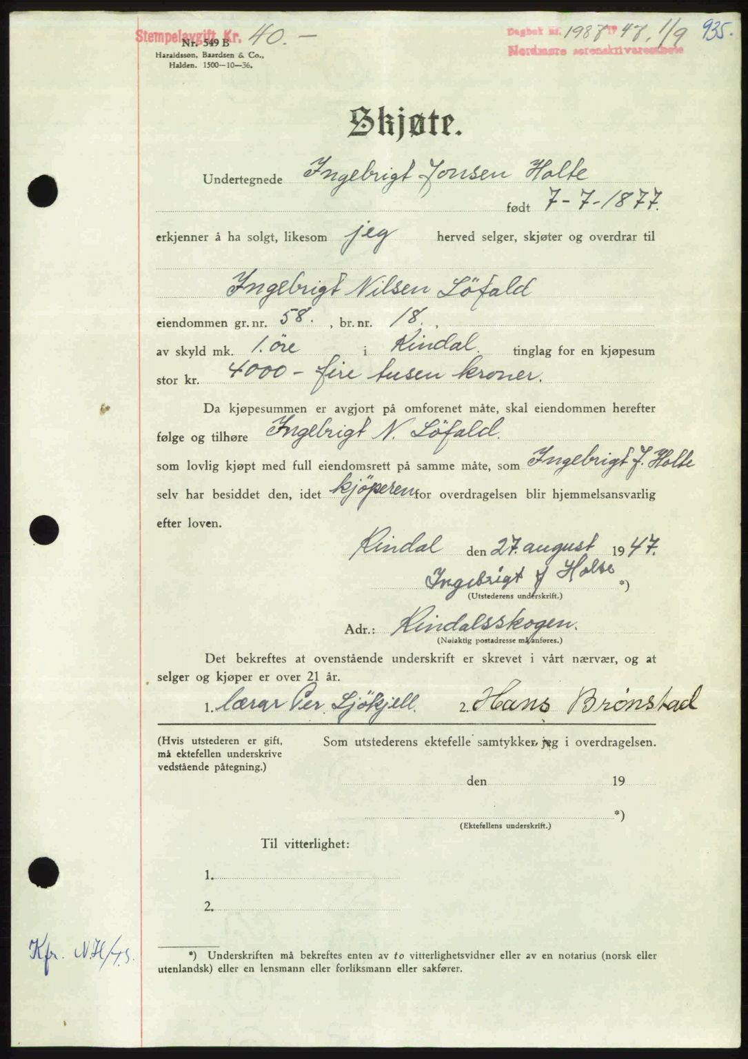 Nordmøre sorenskriveri, AV/SAT-A-4132/1/2/2Ca: Mortgage book no. A105, 1947-1947, Diary no: : 1987/1947