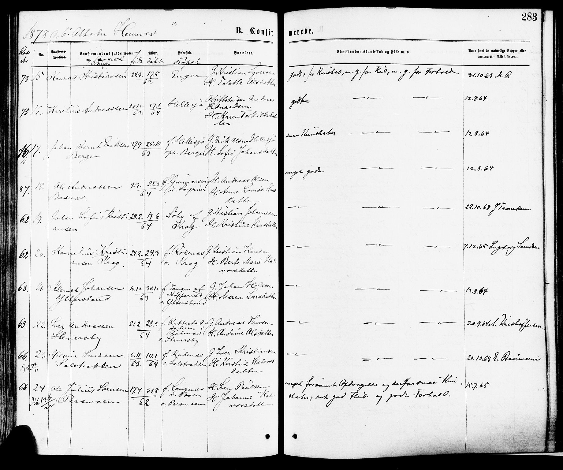 Høland prestekontor Kirkebøker, AV/SAO-A-10346a/F/Fa/L0012.a: Parish register (official) no. I 12A, 1869-1879, p. 283