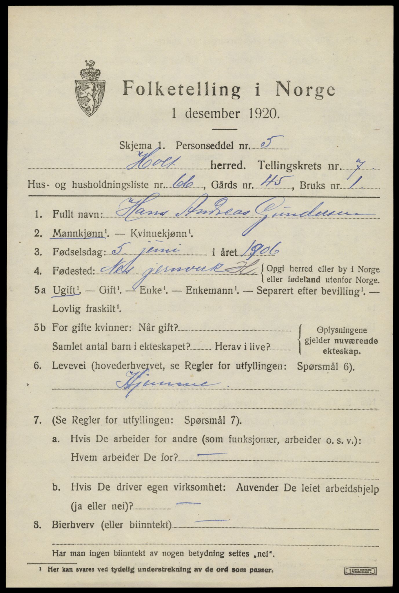 SAK, 1920 census for Holt, 1920, p. 4922