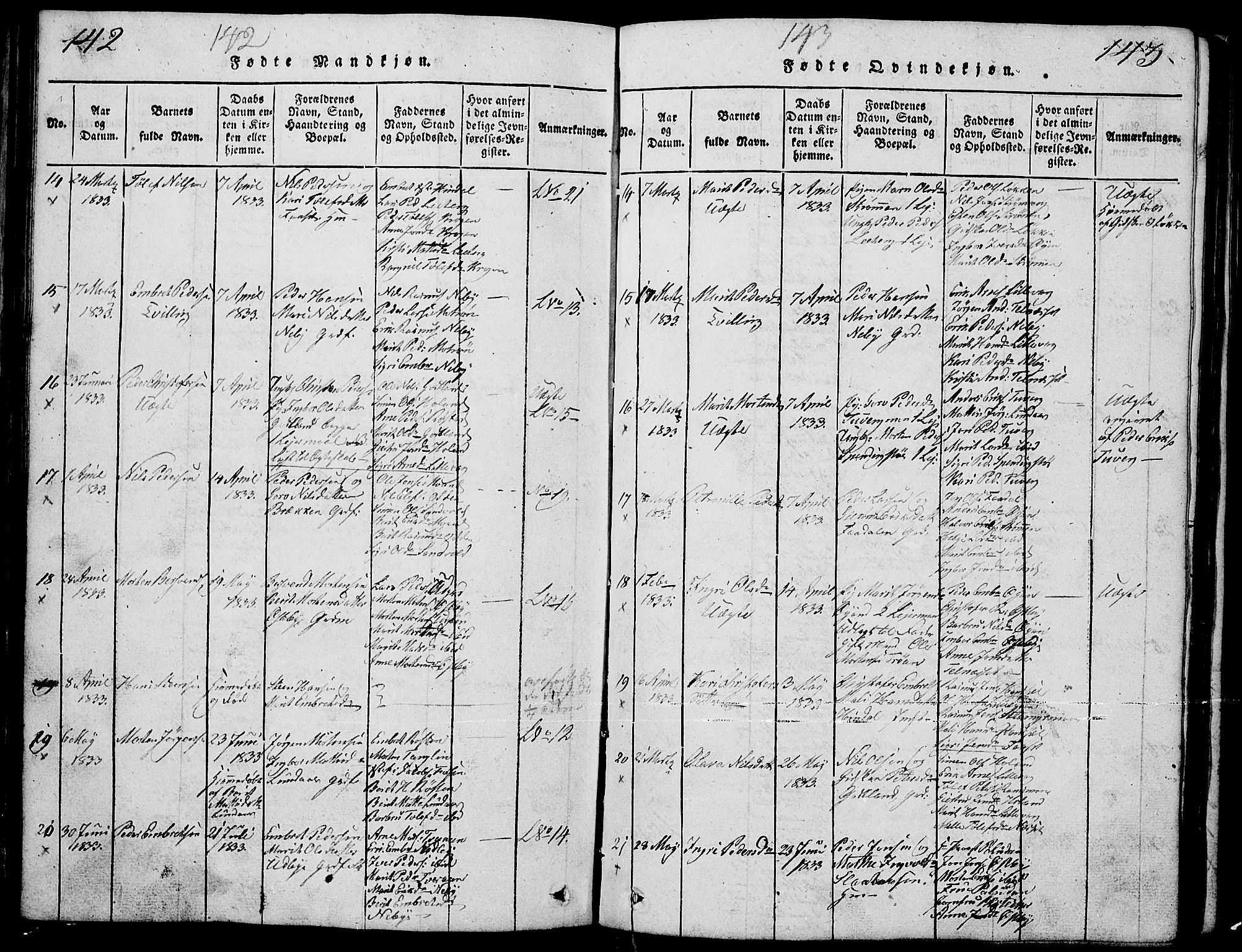 Tynset prestekontor, AV/SAH-PREST-058/H/Ha/Hab/L0001: Parish register (copy) no. 1, 1814-1859, p. 142-143