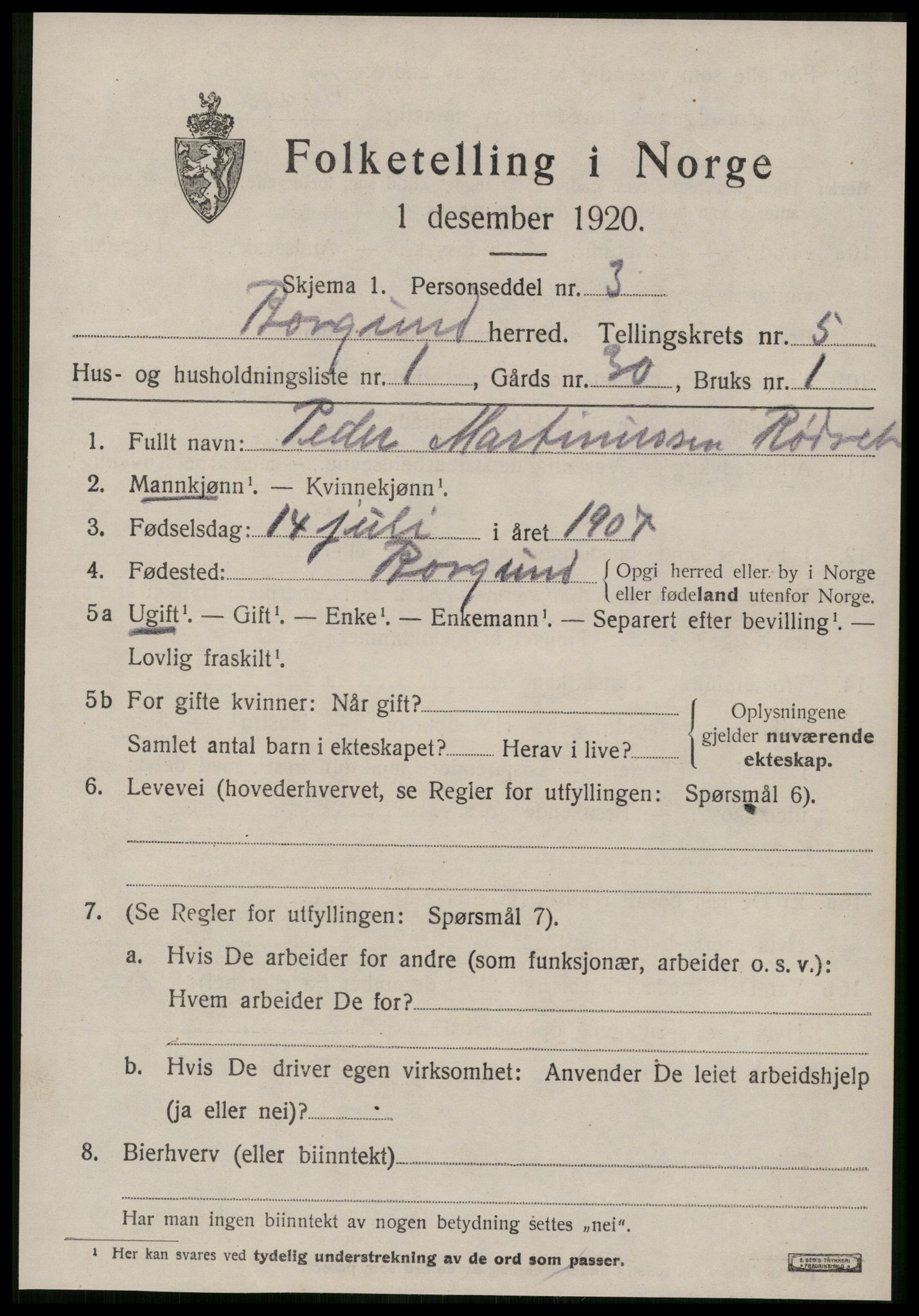 SAT, 1920 census for Borgund, 1920, p. 4614