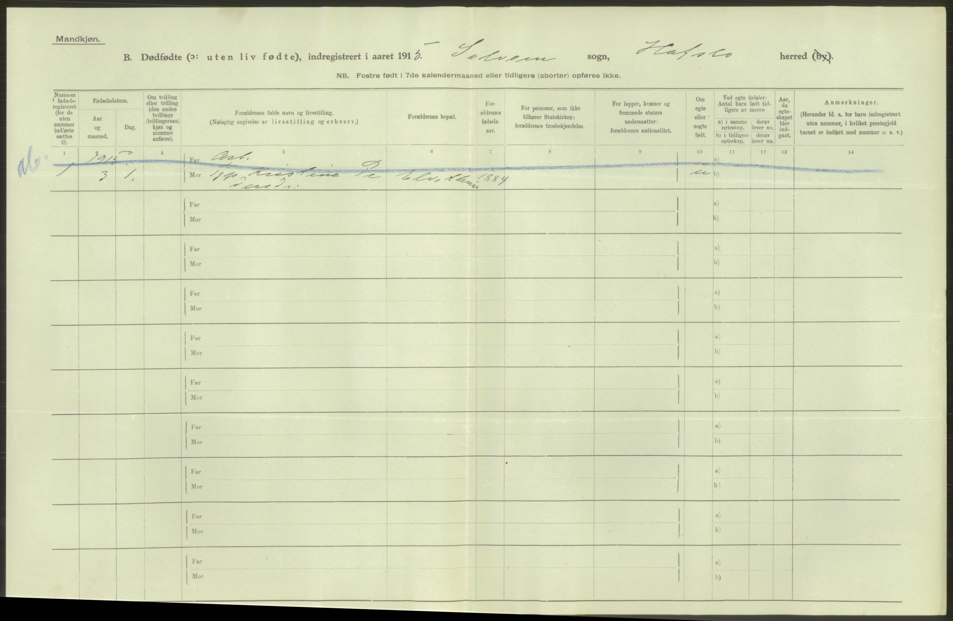 Statistisk sentralbyrå, Sosiodemografiske emner, Befolkning, AV/RA-S-2228/D/Df/Dfb/Dfbe/L0036: N. Bergenhus amt: Døde, dødfødte. Bygder., 1915, p. 10