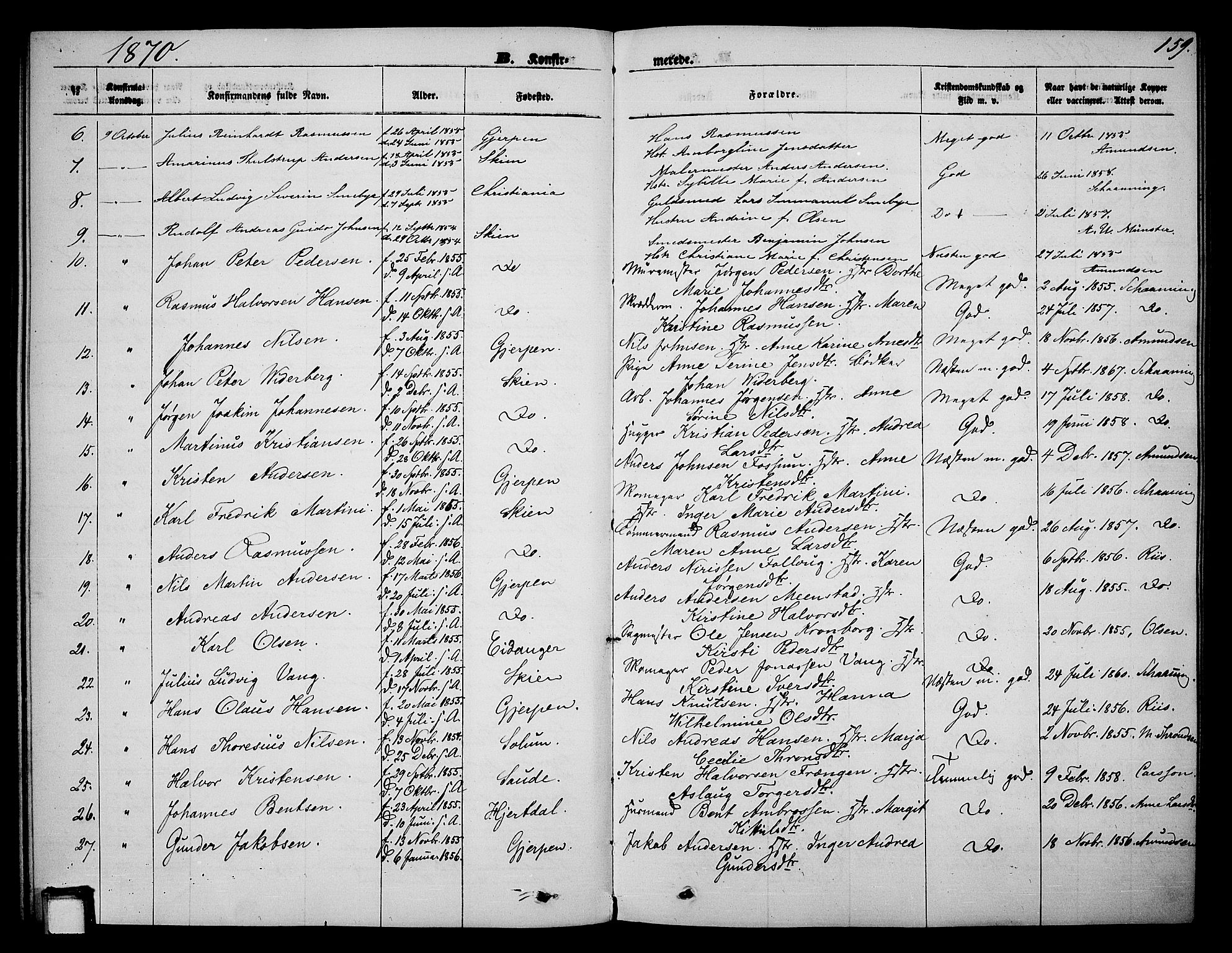 Skien kirkebøker, SAKO/A-302/G/Ga/L0005: Parish register (copy) no. 5, 1868-1880, p. 159