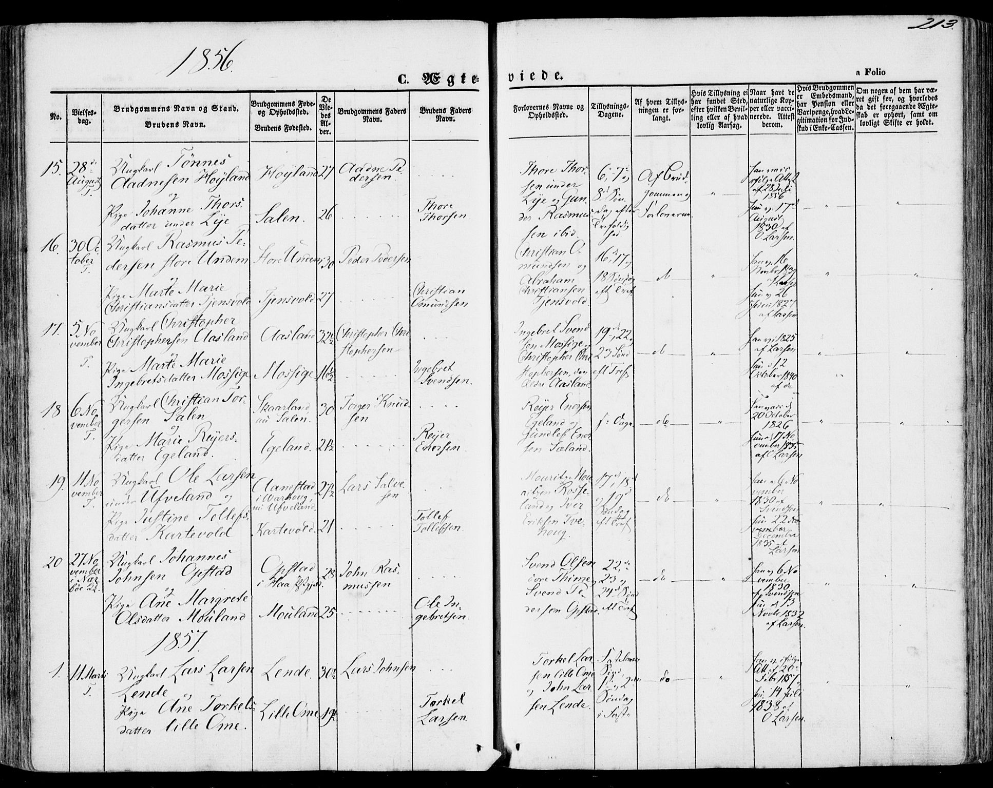 Lye sokneprestkontor, SAST/A-101794/001/30BA/L0007: Parish register (official) no. A 6, 1856-1871, p. 213