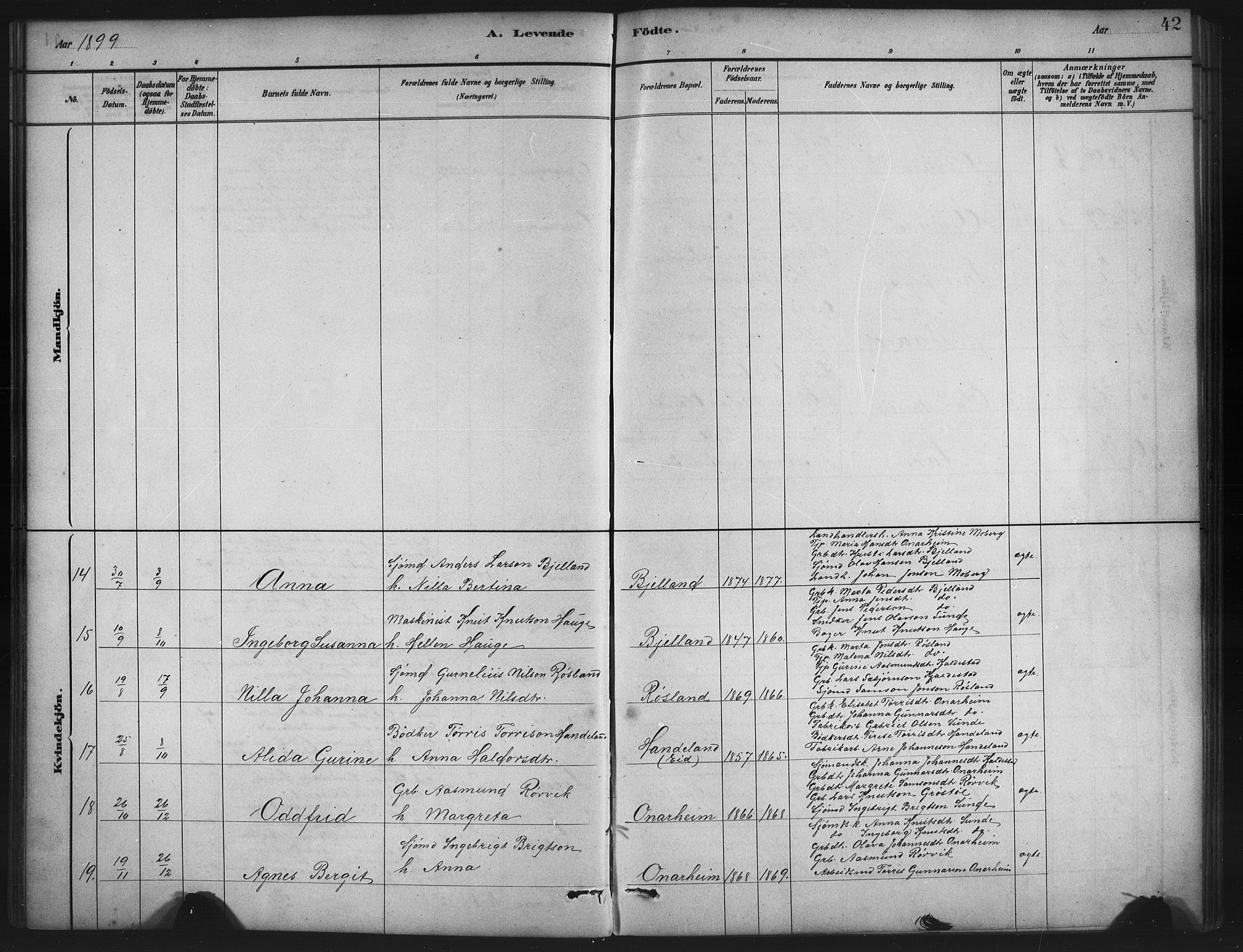 Husnes Sokneprestembete, SAB/A-75901/H/Hab: Parish register (copy) no. A 2, 1881-1917, p. 42