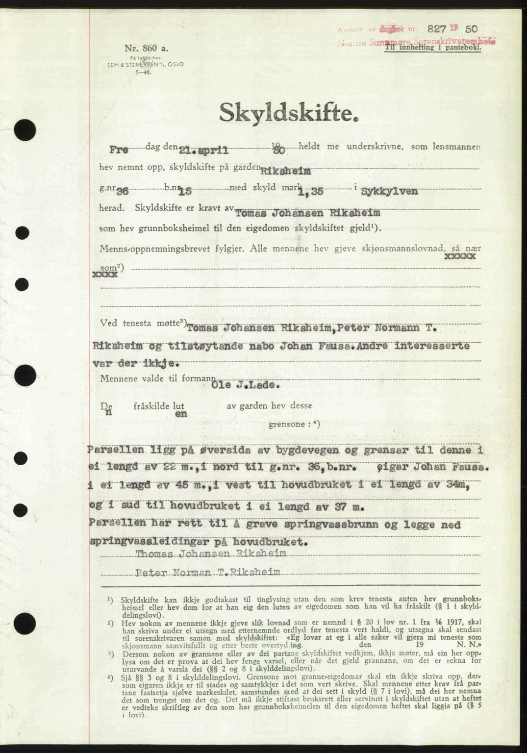 Nordre Sunnmøre sorenskriveri, AV/SAT-A-0006/1/2/2C/2Ca: Mortgage book no. A34, 1950-1950, Diary no: : 827/1950