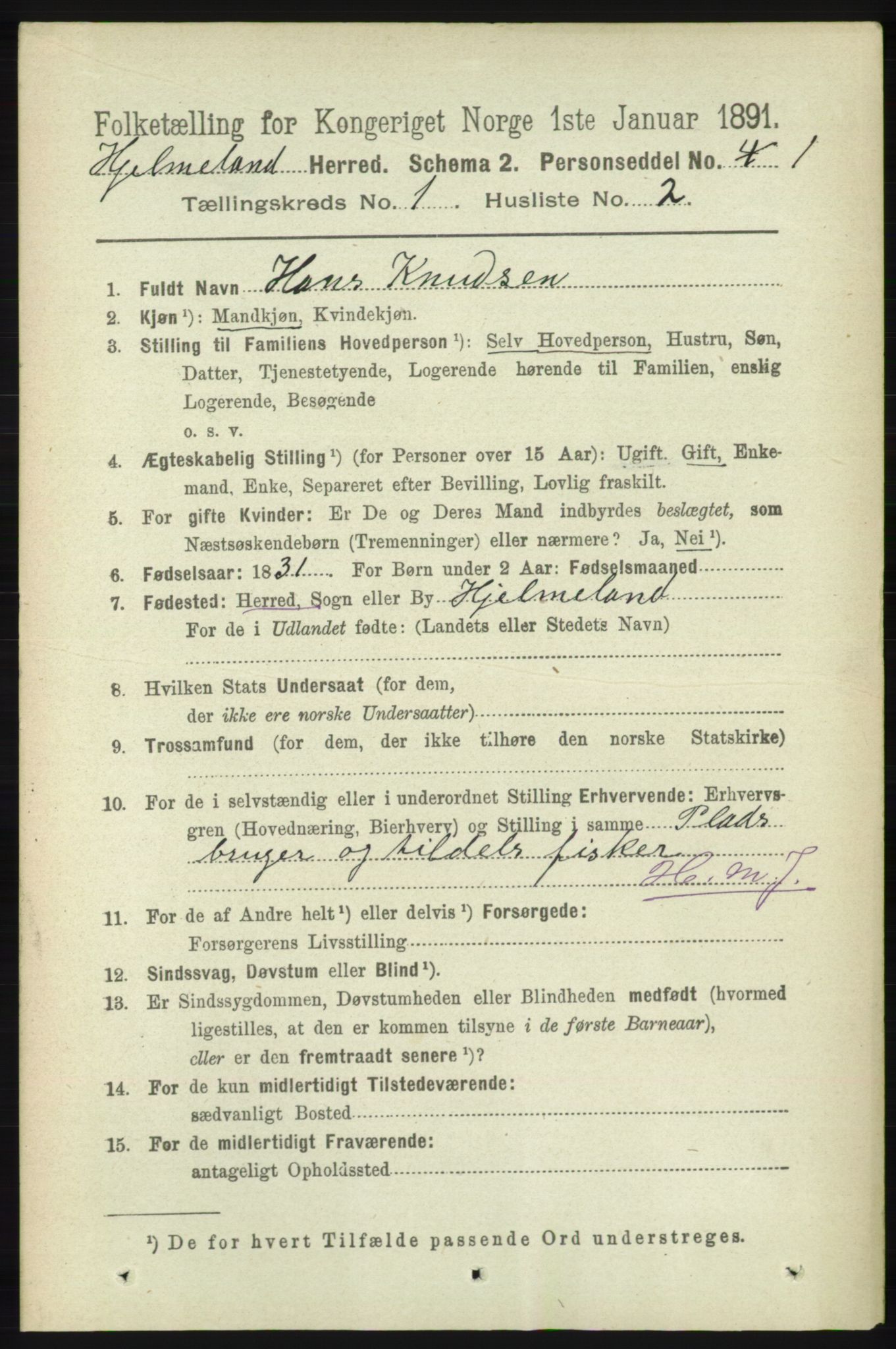 RA, 1891 census for 1133 Hjelmeland, 1891, p. 80