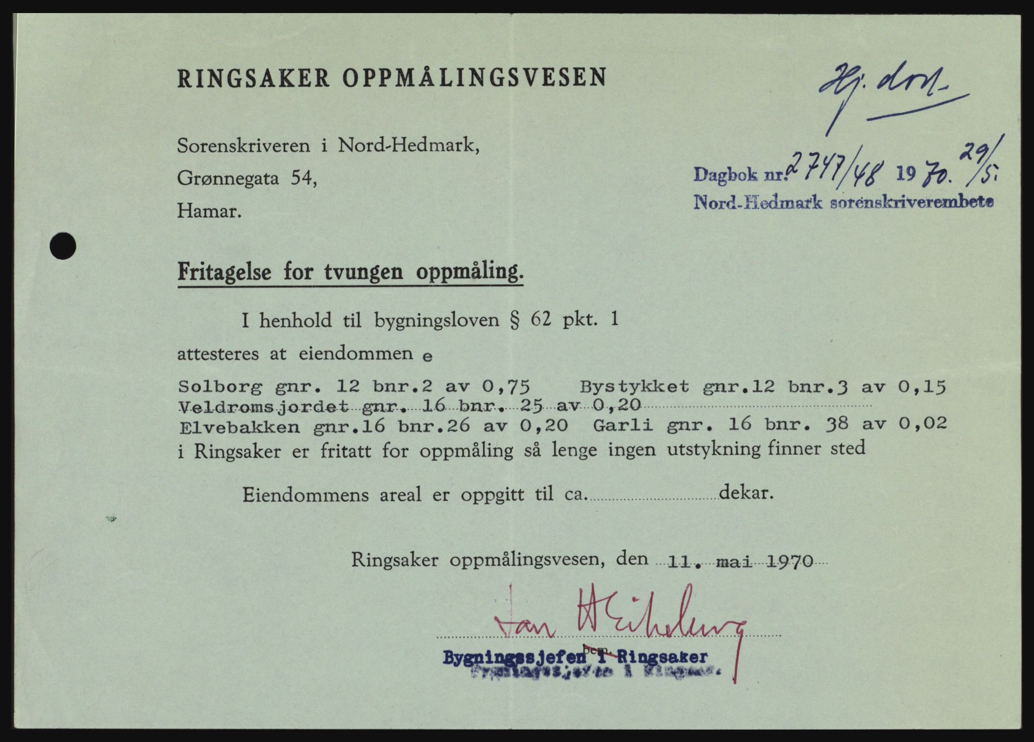 Nord-Hedmark sorenskriveri, SAH/TING-012/H/Hc/L0033: Mortgage book no. 33, 1970-1970, Diary no: : 2747/1970