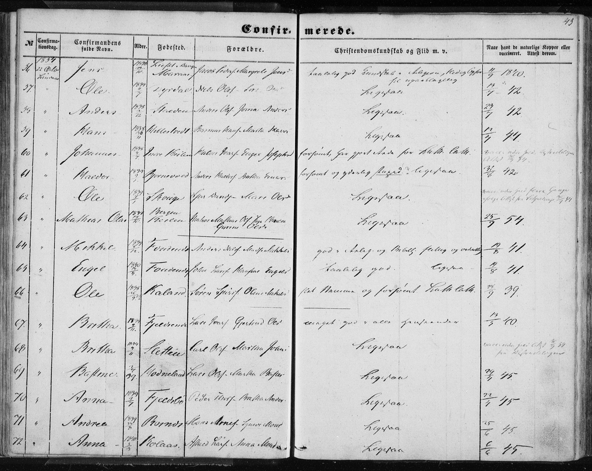 Lindås Sokneprestembete, AV/SAB-A-76701/H/Haa/Haaa/L0013: Parish register (official) no. A 13, 1848-1862, p. 43