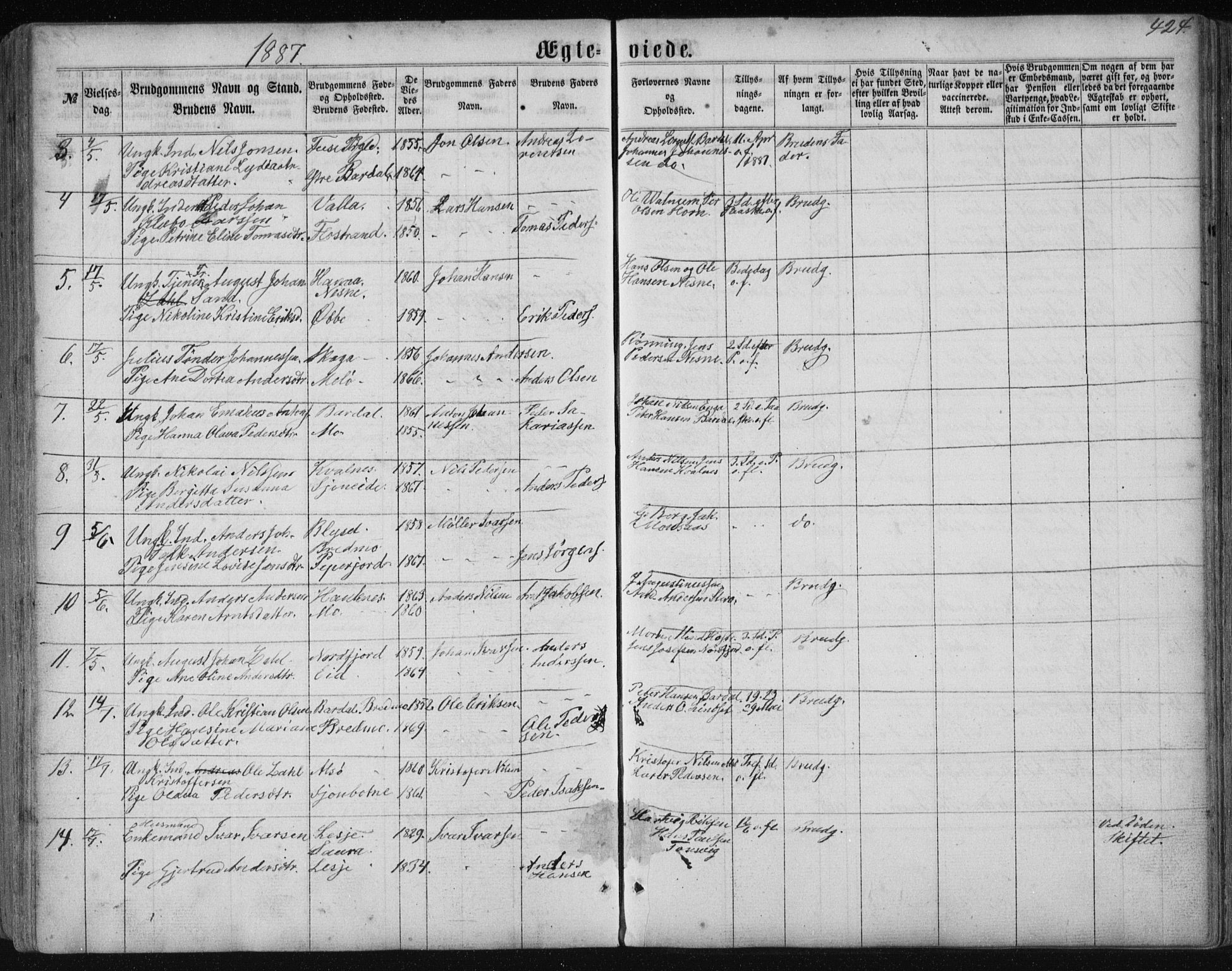 Ministerialprotokoller, klokkerbøker og fødselsregistre - Nordland, AV/SAT-A-1459/838/L0556: Parish register (copy) no. 838C03, 1861-1893, p. 424