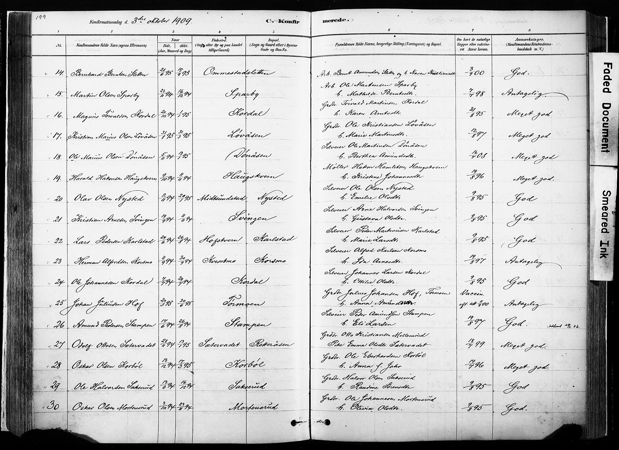 Hof prestekontor, AV/SAH-PREST-038/H/Ha/Haa/L0010: Parish register (official) no. 10, 1878-1909, p. 199