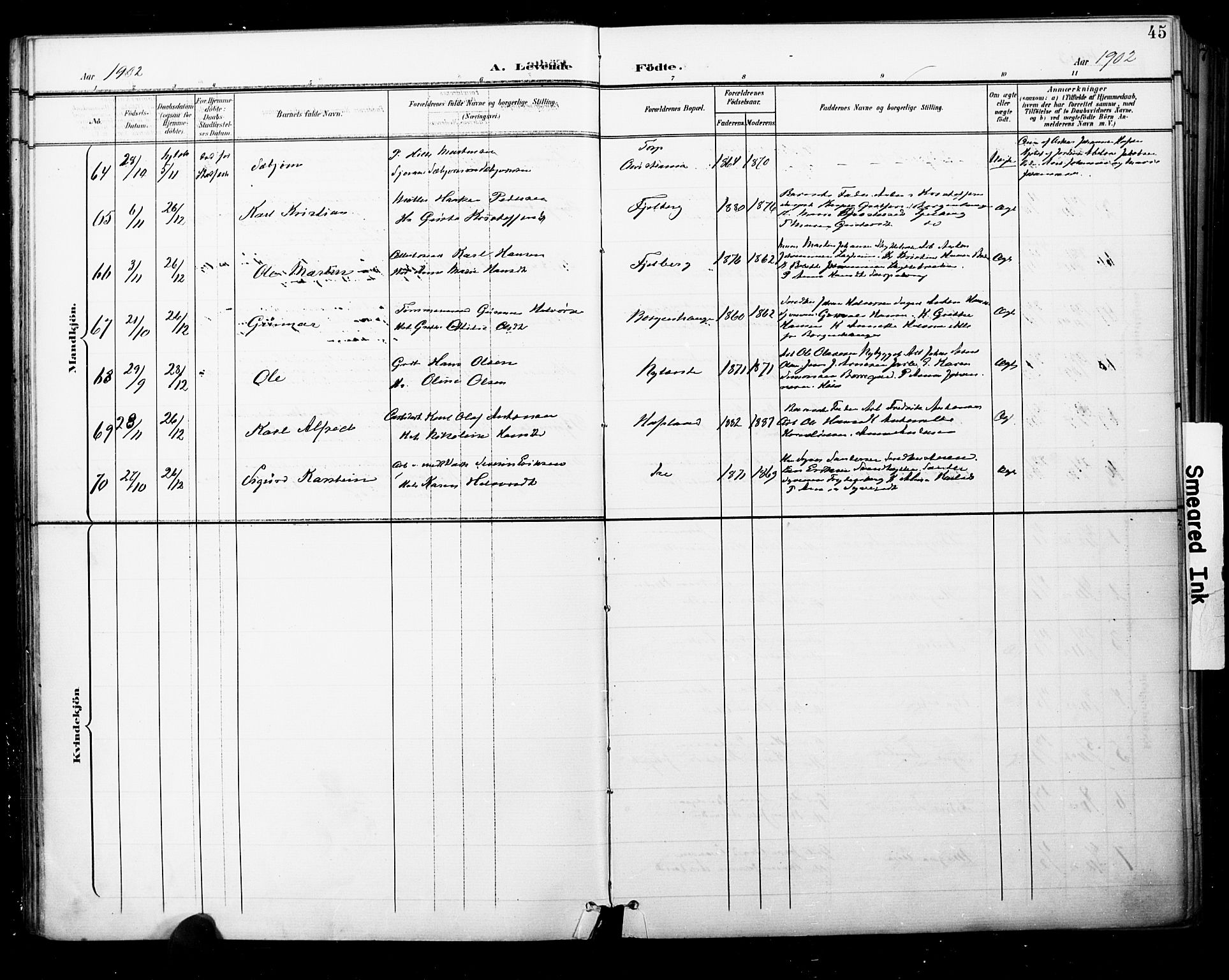 Skjeberg prestekontor Kirkebøker, AV/SAO-A-10923/F/Fa/L0010: Parish register (official) no. I 10, 1898-1911, p. 45