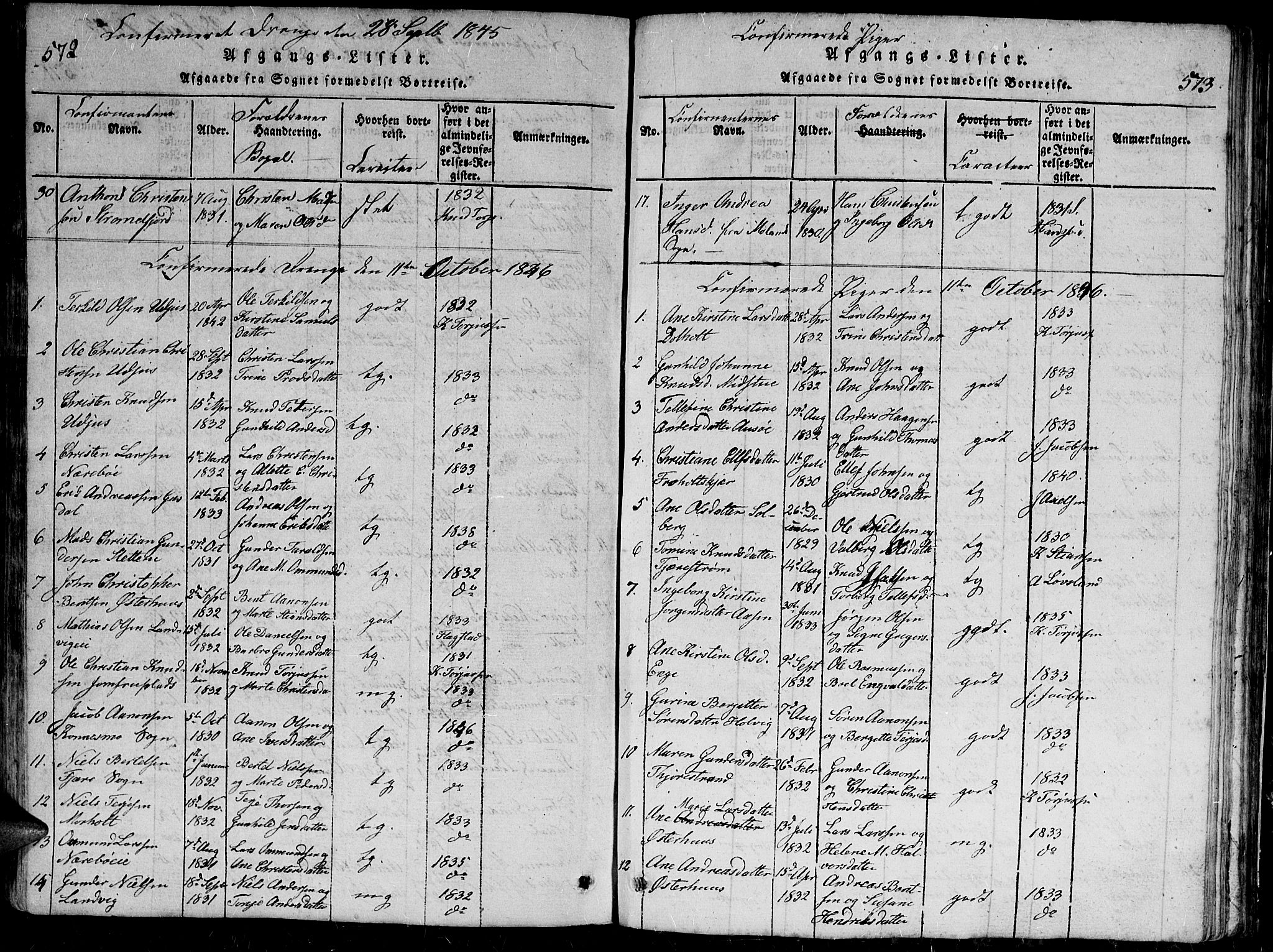 Hommedal sokneprestkontor, AV/SAK-1111-0023/F/Fb/Fbb/L0003: Parish register (copy) no. B 3 /1, 1816-1850, p. 572-573