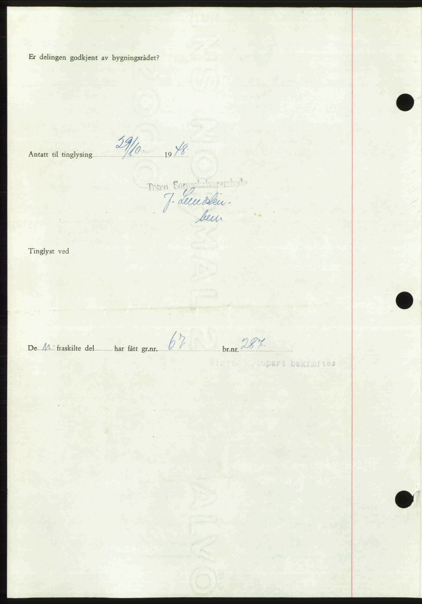 Toten tingrett, SAH/TING-006/H/Hb/Hbc/L0020: Mortgage book no. Hbc-20, 1948-1948, Diary no: : 3594/1948
