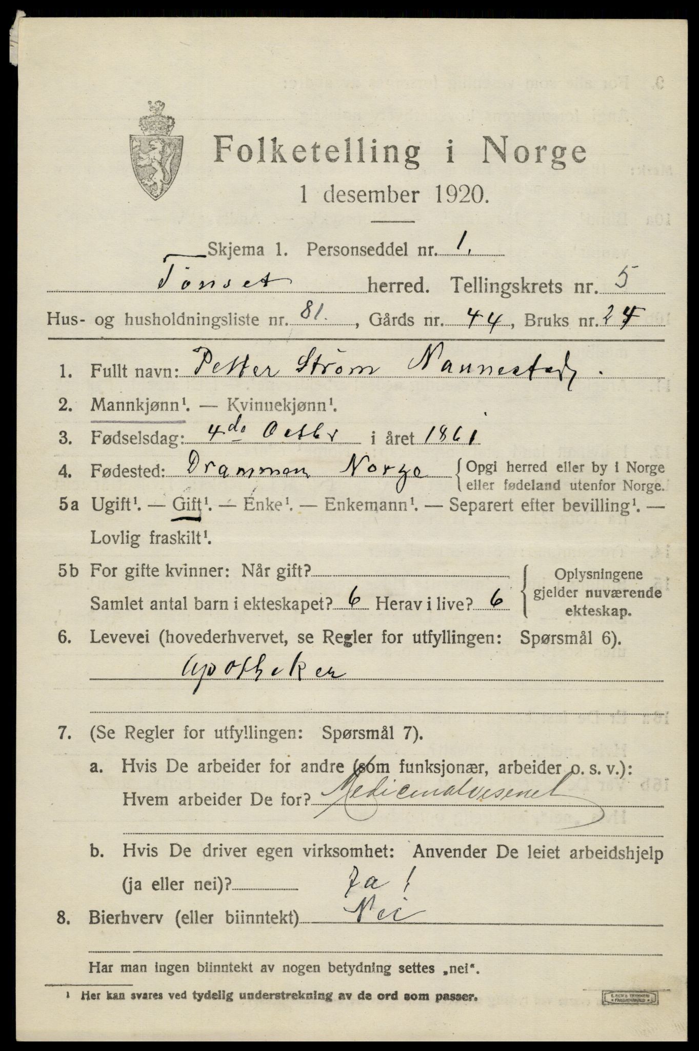 SAH, 1920 census for Tynset, 1920, p. 5466