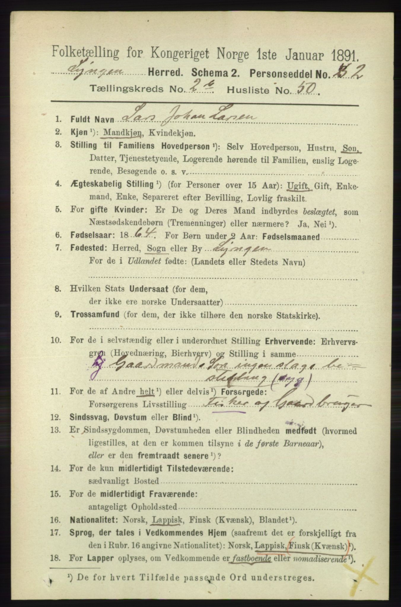 RA, 1891 census for 1938 Lyngen, 1891, p. 2814